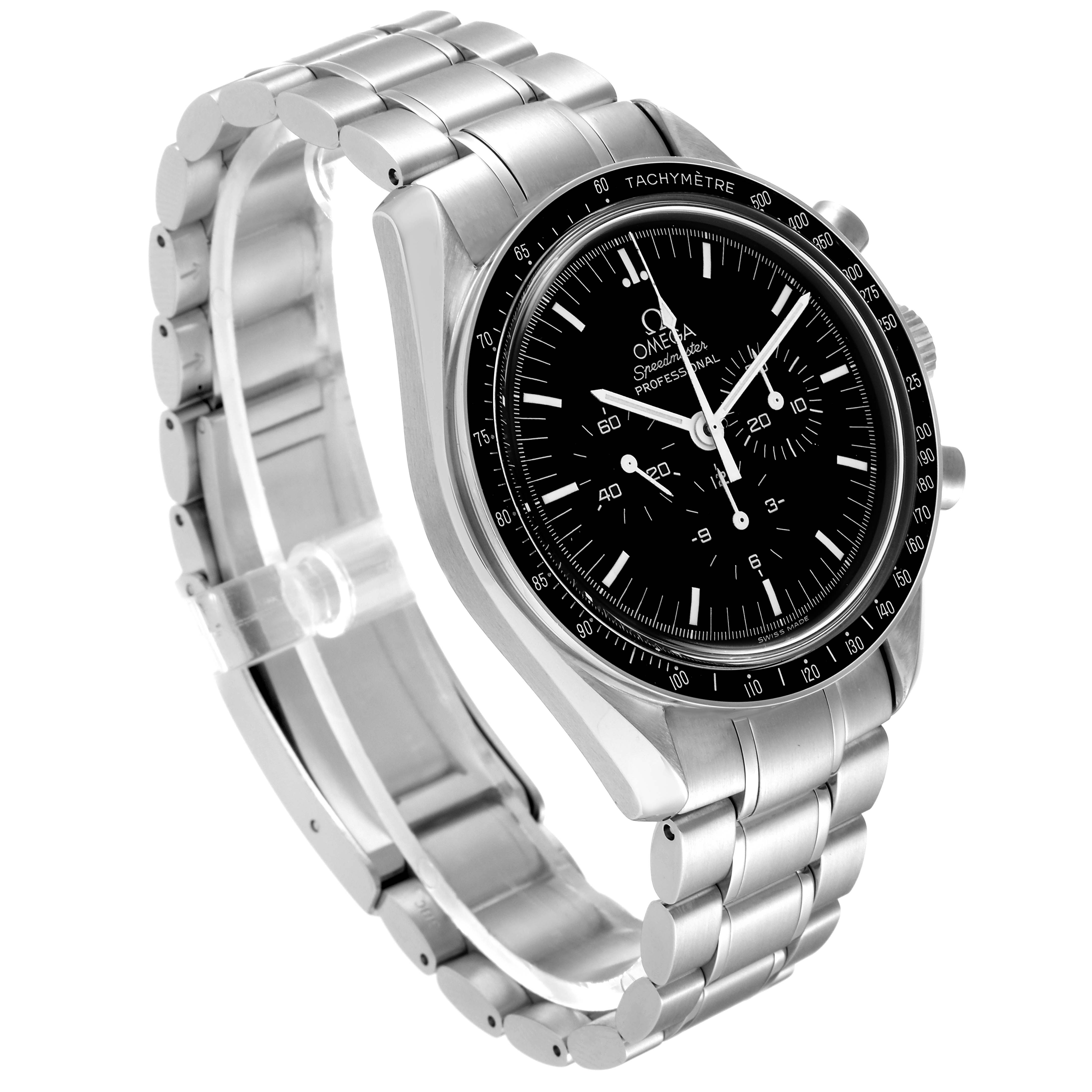 The image shows an angled view of the Omega Speedmaster 3570.50.00 Men
s Stainless Steel Black Dial 3570.50.00 Men
s Stainless Steel Black Dial watch, highlighting the face, bezel, and metal bracelet.