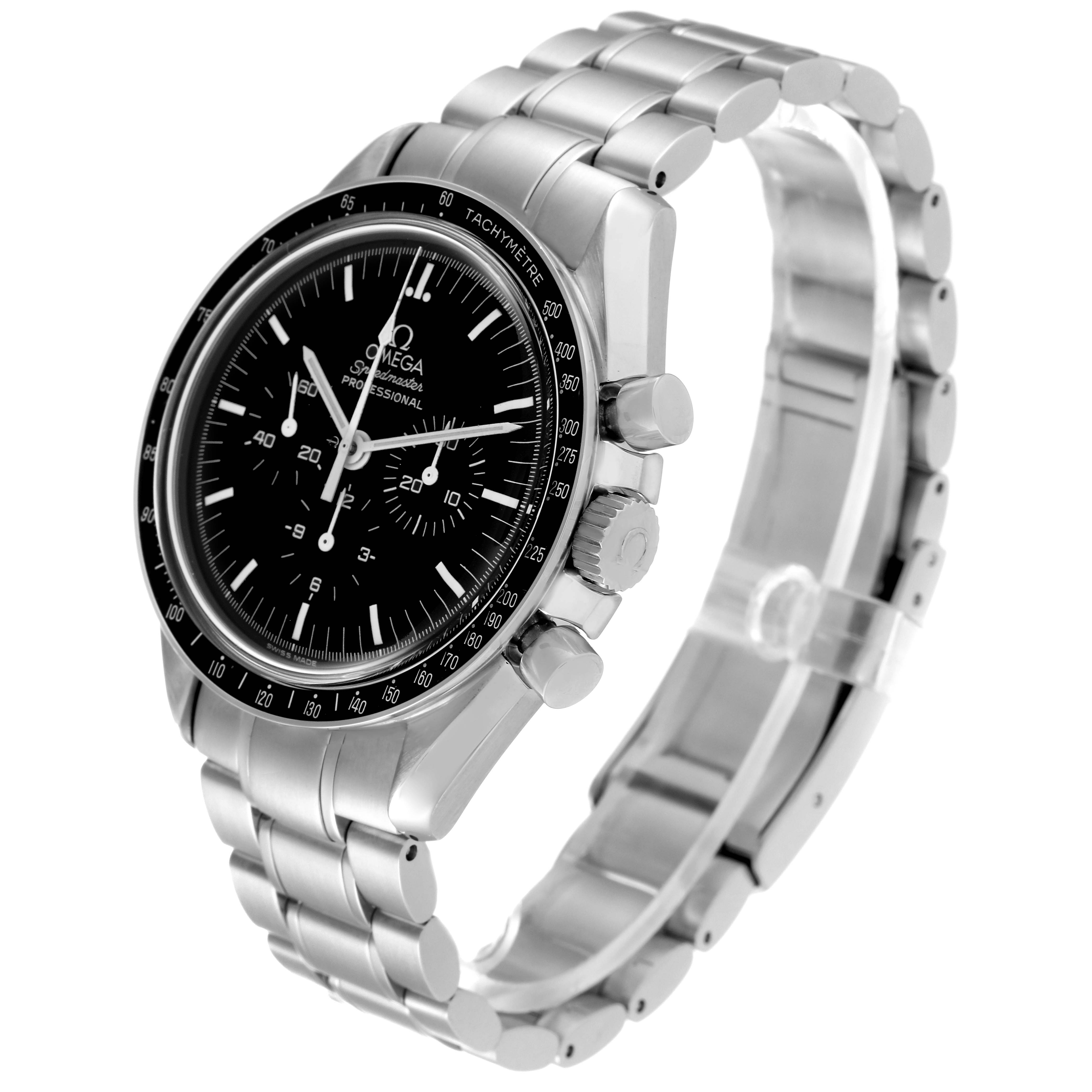The image shows a side and top-angle view of an Omega Speedmaster 3570.50.00 Men
s Stainless Steel Black Dial 3570.50.00 Men
s Stainless Steel Black Dial watch, highlighting the dial, bezel, and stainless steel bracelet.