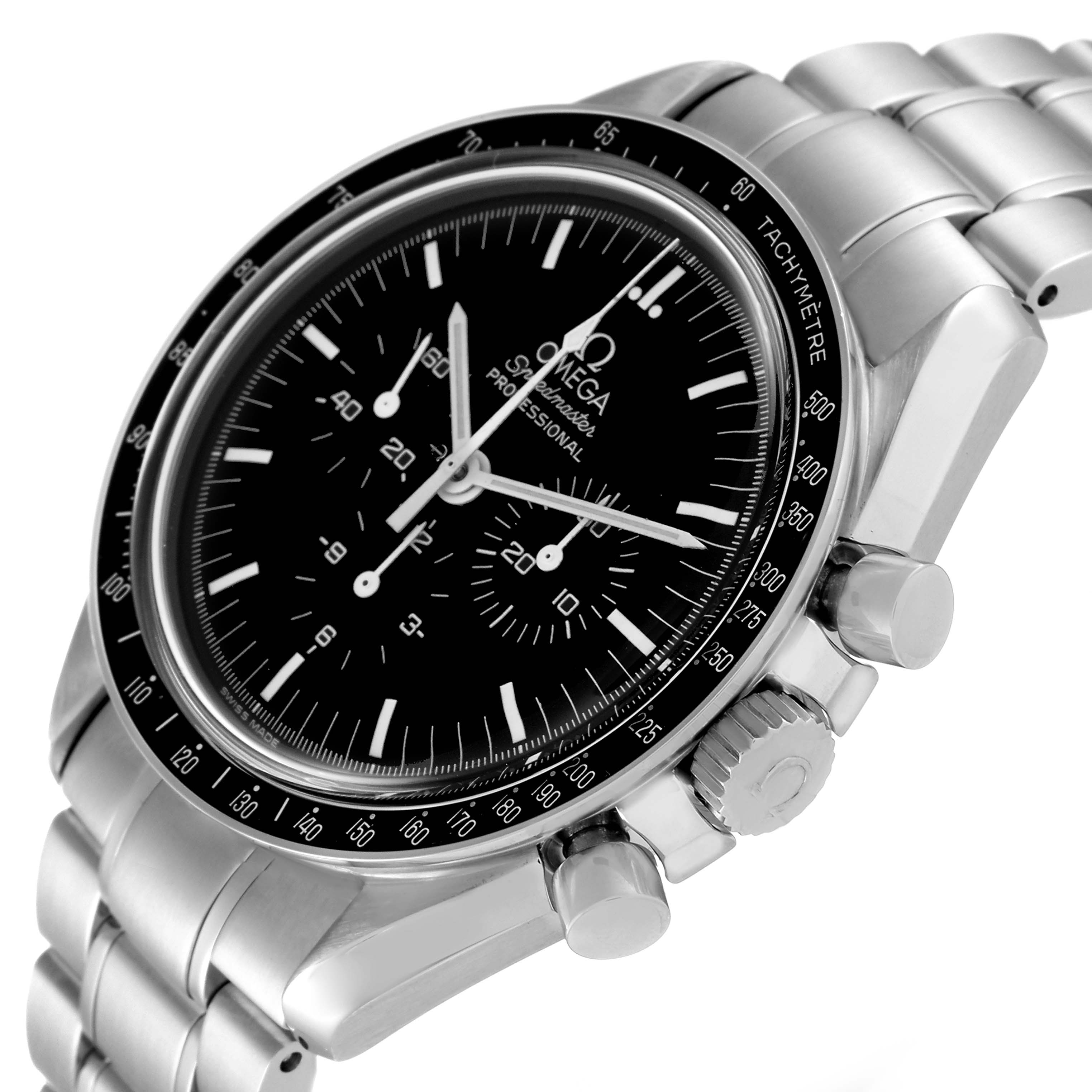 The image shows a close-up angle of the Omega Speedmaster 3570.50.00 Men
s Stainless Steel Black Dial 3570.50.00 Men
s Stainless Steel Black Dial, highlighting the dial, bezel, buttons, and stainless steel bracelet.