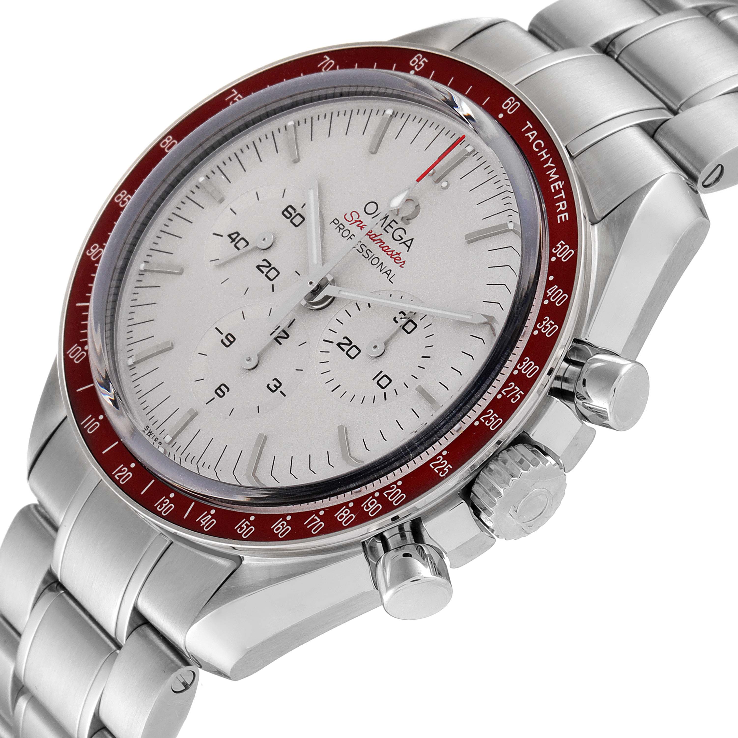 This image shows an Omega Speedmaster 522.30.42.30.06.001 Men's Stainless Steel Silver Dial 522.30.42.30.06.001 Men's Stainless Steel Silver Dial watch from a slightly angled perspective, highlighting the dial, bezel, crown, and pushers.