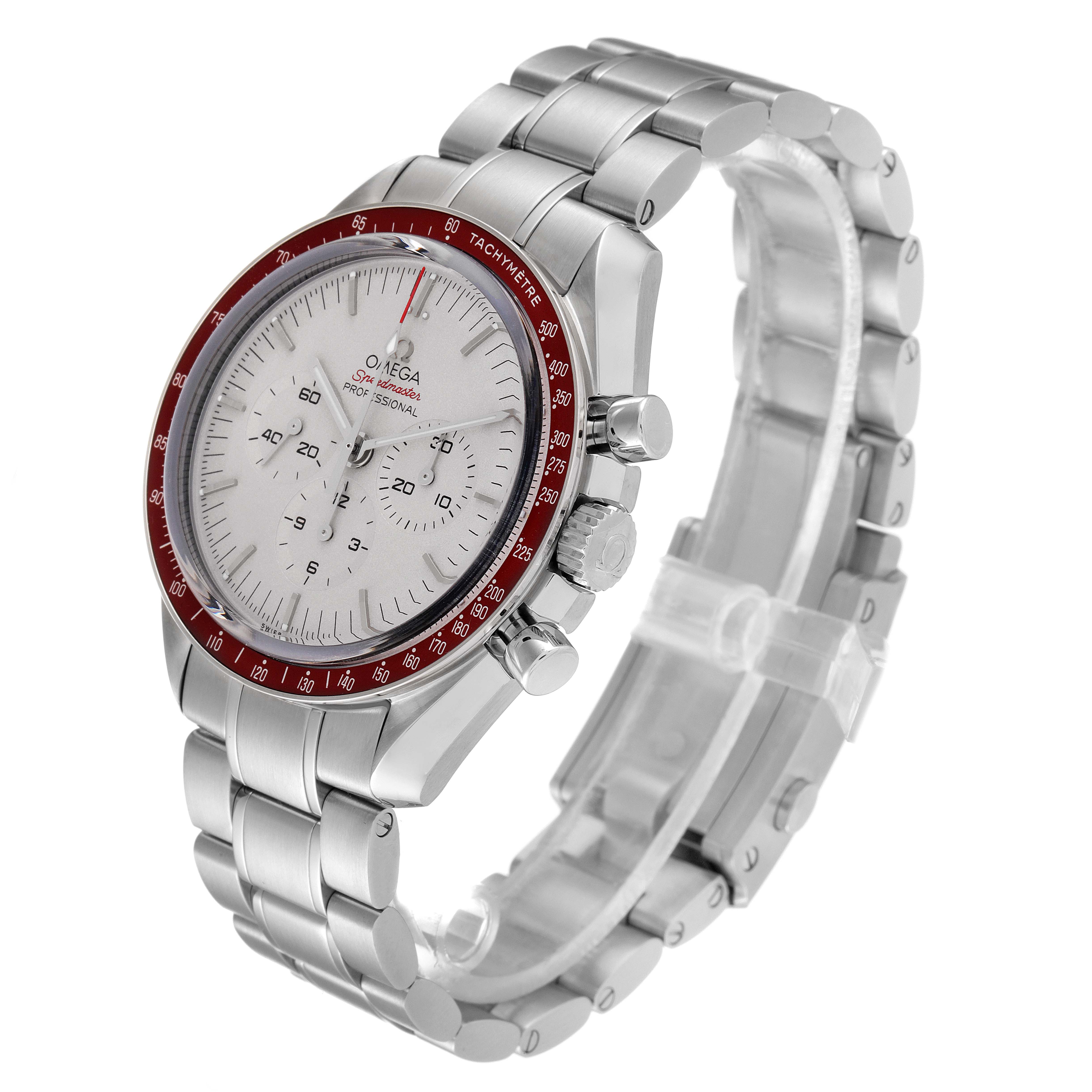 The Omega Speedmaster 522.30.42.30.06.001 Men's Stainless Steel Silver Dial 522.30.42.30.06.001 Men's Stainless Steel Silver Dial watch is shown at an angle displaying the face, bezel, and part of the bracelet.