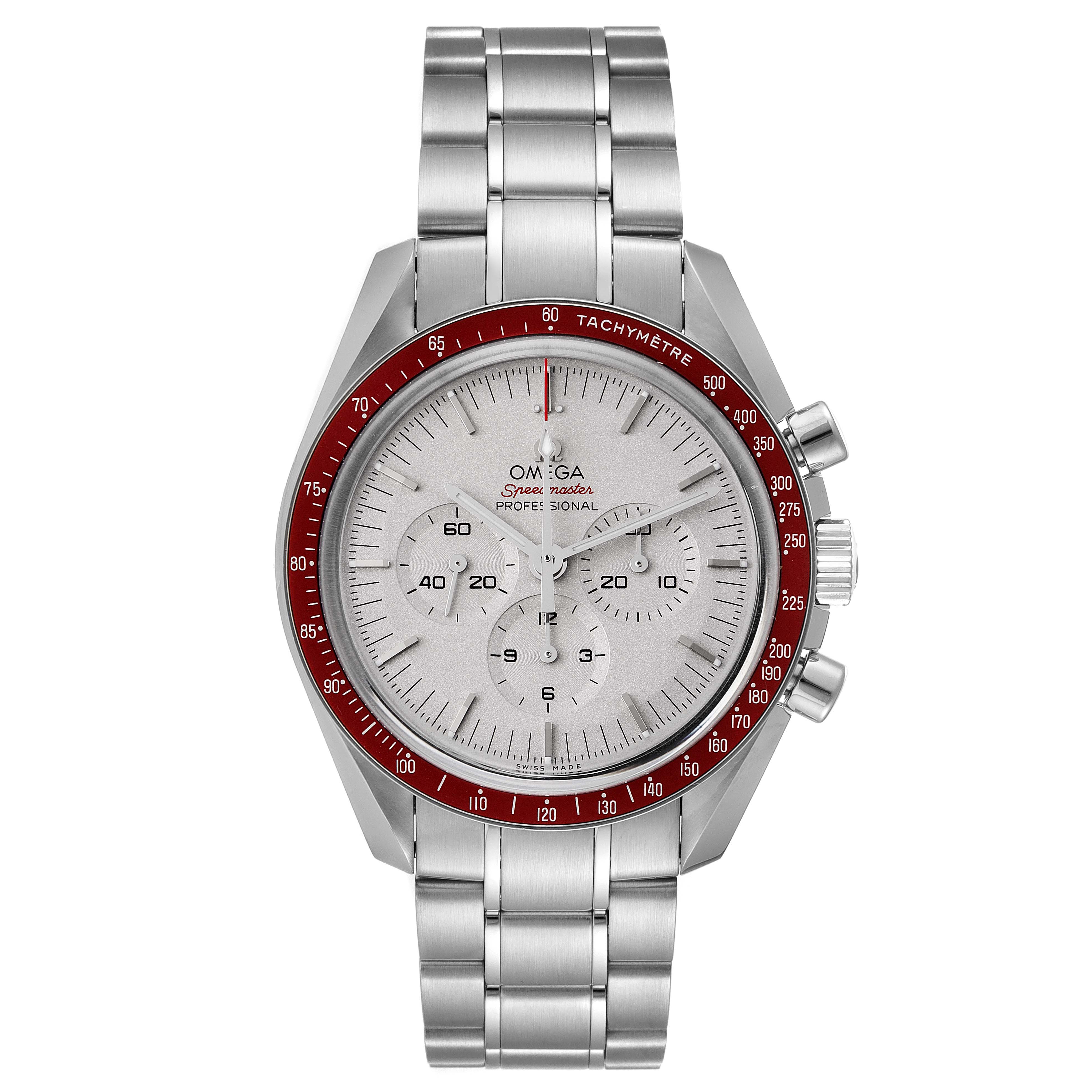 The Omega Speedmaster 522.30.42.30.06.001 Men's Stainless Steel Silver Dial 522.30.42.30.06.001 Men's Stainless Steel Silver Dial watch is shown from the front, displaying its dial, three subdials, bezel, and metal bracelet.