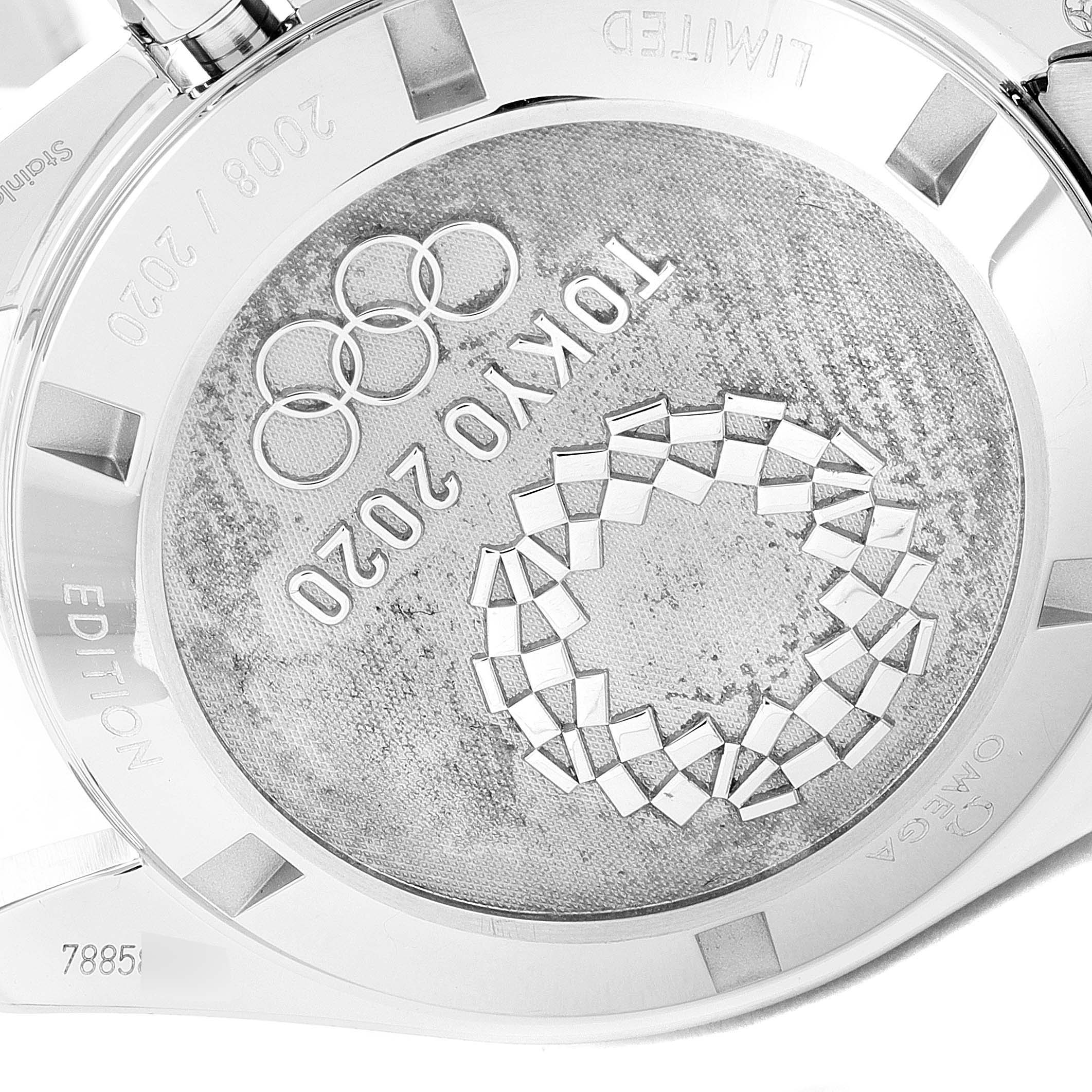 The image shows the case back of an Omega Speedmaster 522.30.42.30.06.001 Men's Stainless Steel Silver Dial 522.30.42.30.06.001 Men's Stainless Steel Silver Dial watch, featuring "Tokyo 2020" and Olympic rings.