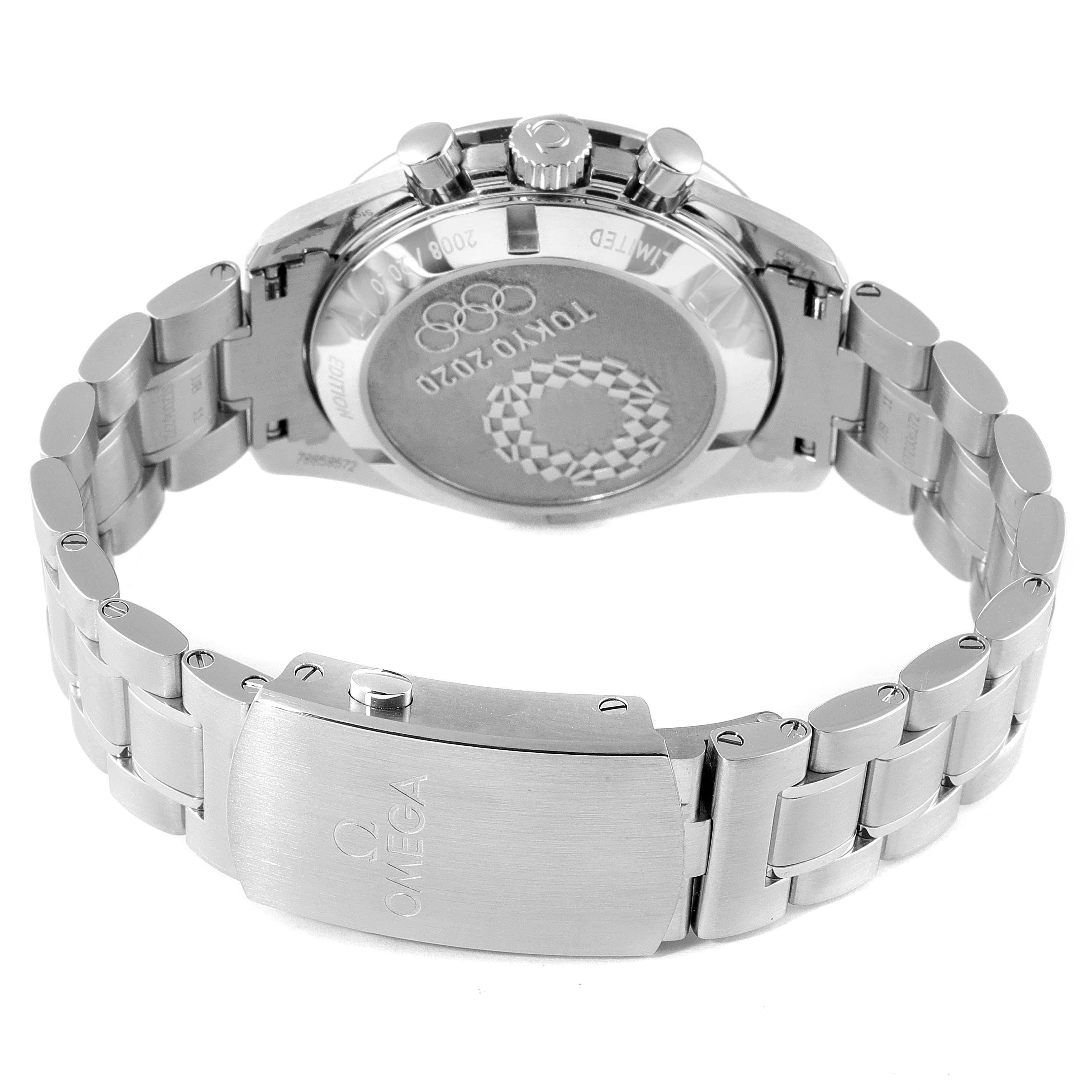 The image shows the back and clasp of an Omega Speedmaster 522.30.42.30.06.001 Men's Stainless Steel Silver Dial 522.30.42.30.06.001 Men's Stainless Steel Silver Dial watch, including the case back with an Olympic Tokyo 2020 engraving.