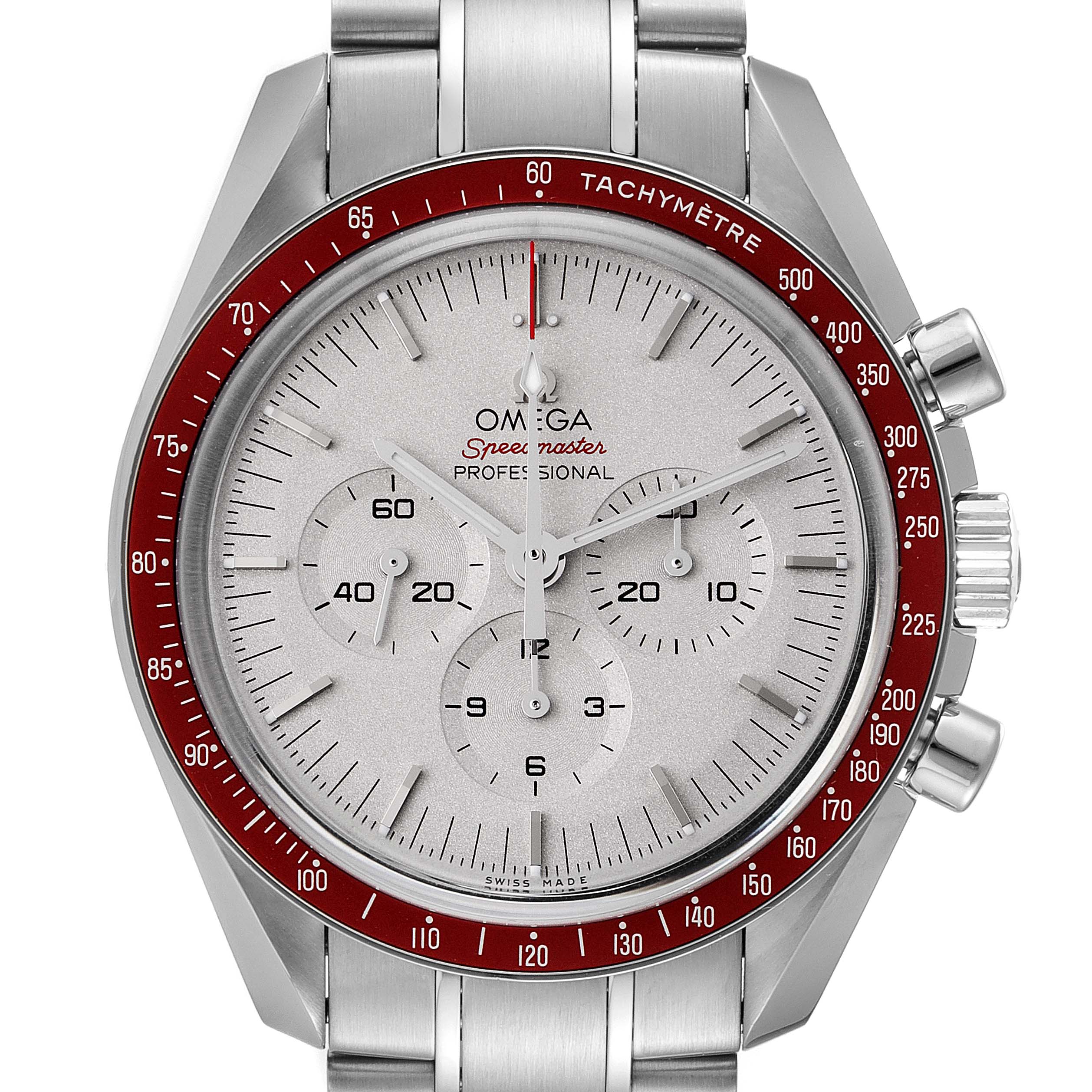 The image shows a front view of an Omega Speedmaster 522.30.42.30.06.001 Men's Stainless Steel Silver Dial 522.30.42.30.06.001 Men's Stainless Steel Silver Dial watch, highlighting the dial, tachymeter bezel, and chronograph subdials.