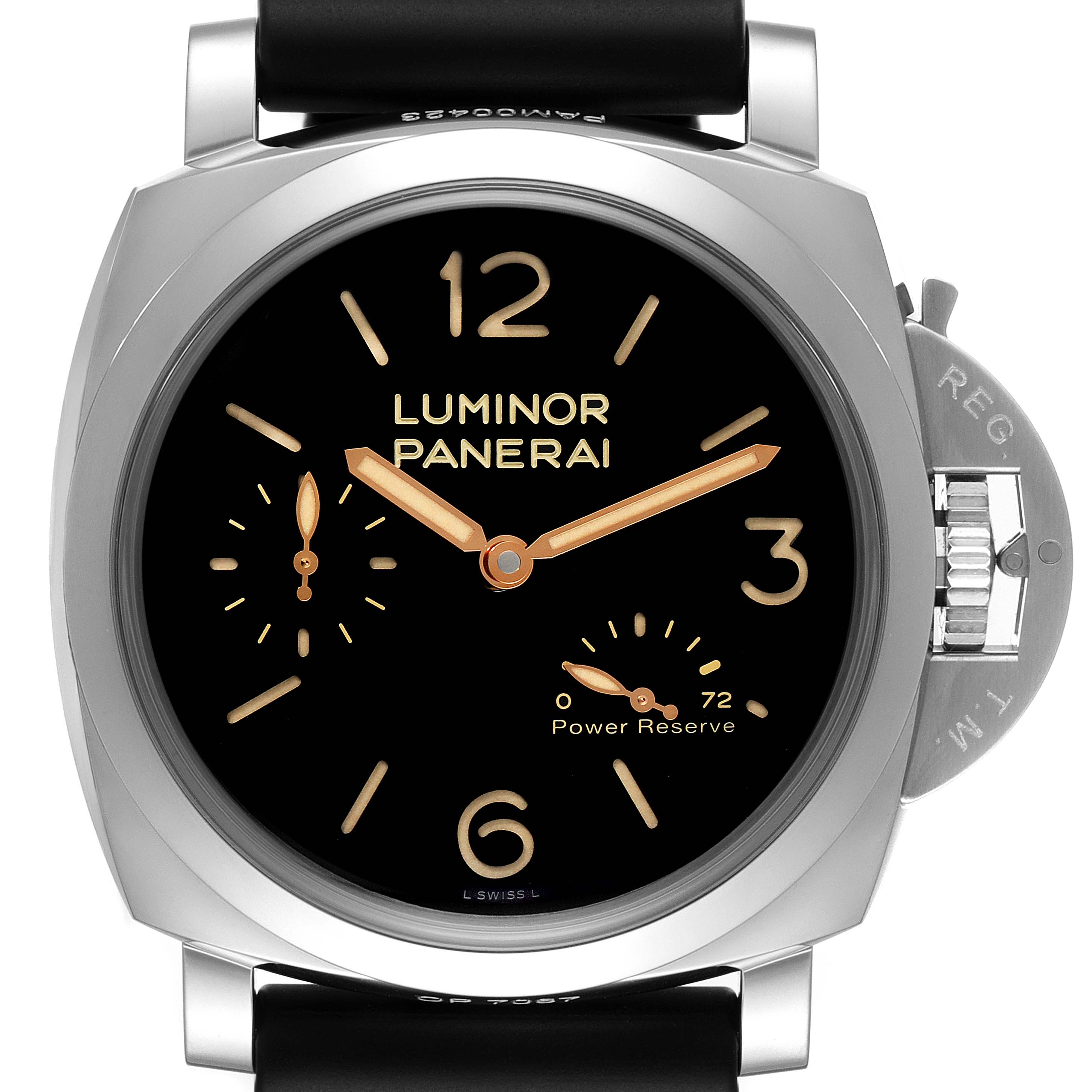 The image shows a front view of a Panerai Luminor PAM00423 Men
s Stainless Steel Black Dial PAM00423 Men
s Stainless Steel Black Dial watch, including its dial, hands, markers, and crown guard.