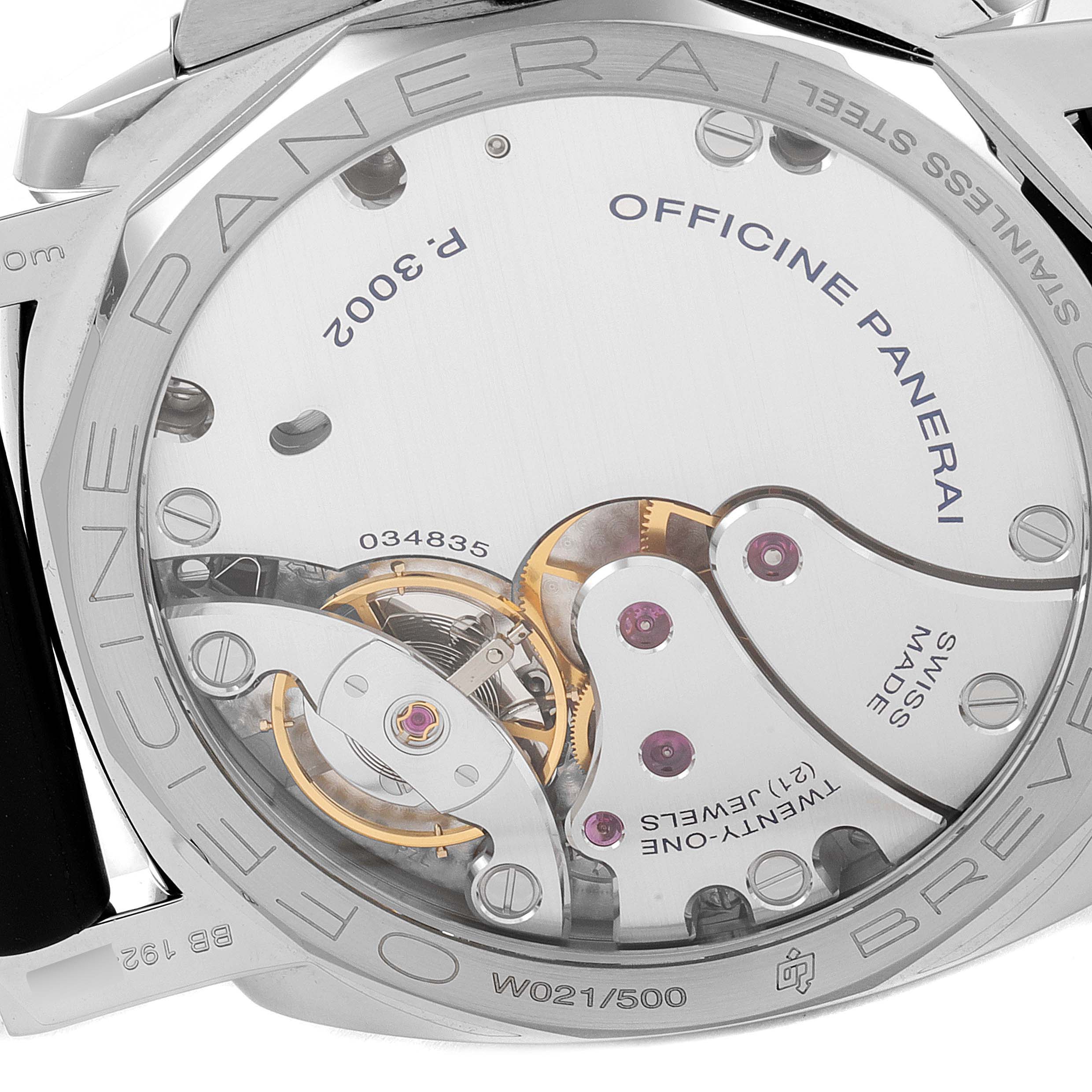 This image shows the back case of a Panerai Luminor PAM00423 Men
s Stainless Steel Black Dial PAM00423 Men
s Stainless Steel Black Dial watch, revealing the internal mechanism and inscriptions.