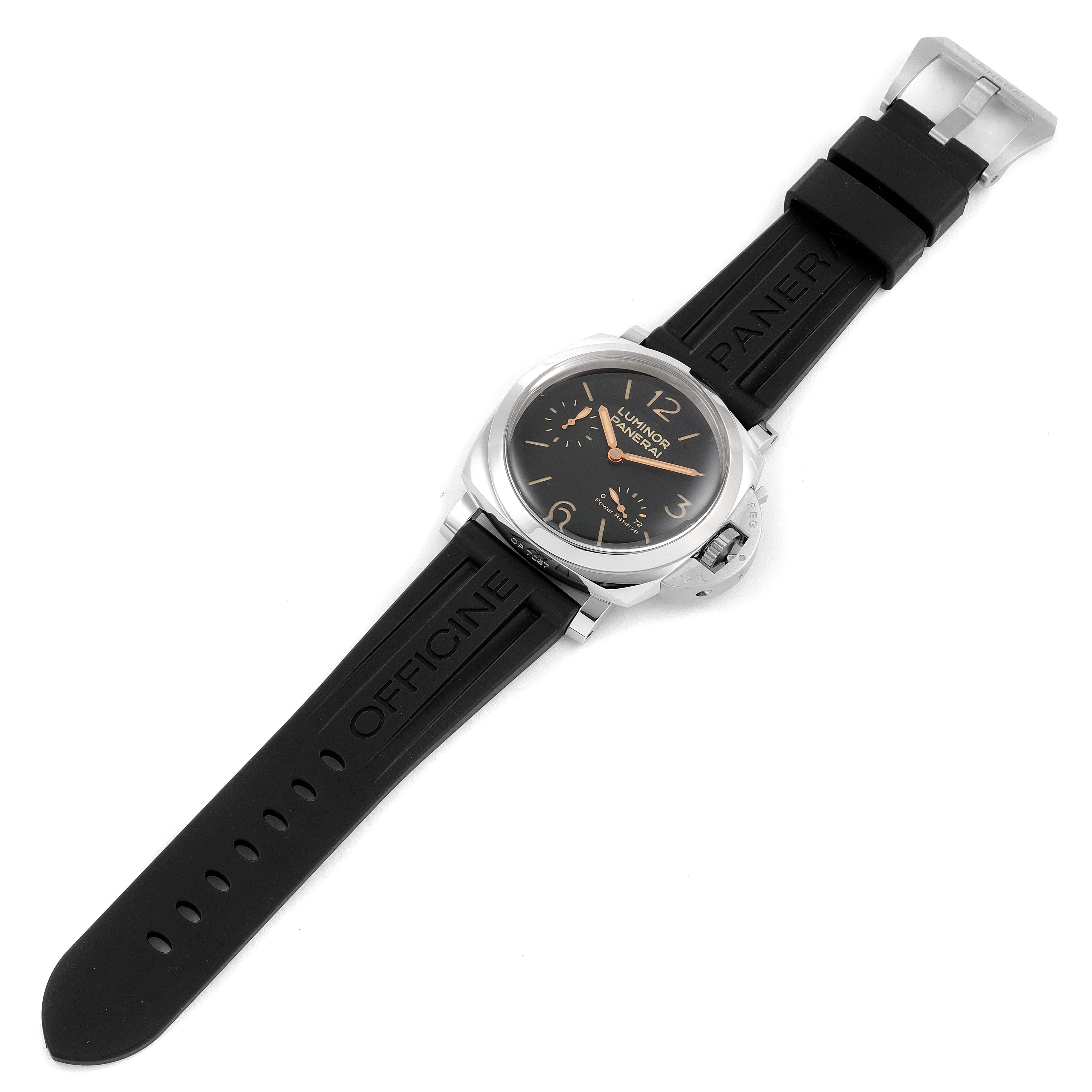 The image shows a Panerai Luminor PAM00423 Men
s Stainless Steel Black Dial PAM00423 Men
s Stainless Steel Black Dial watch captured from an overhead angle, displaying the watch face and rubber strap.