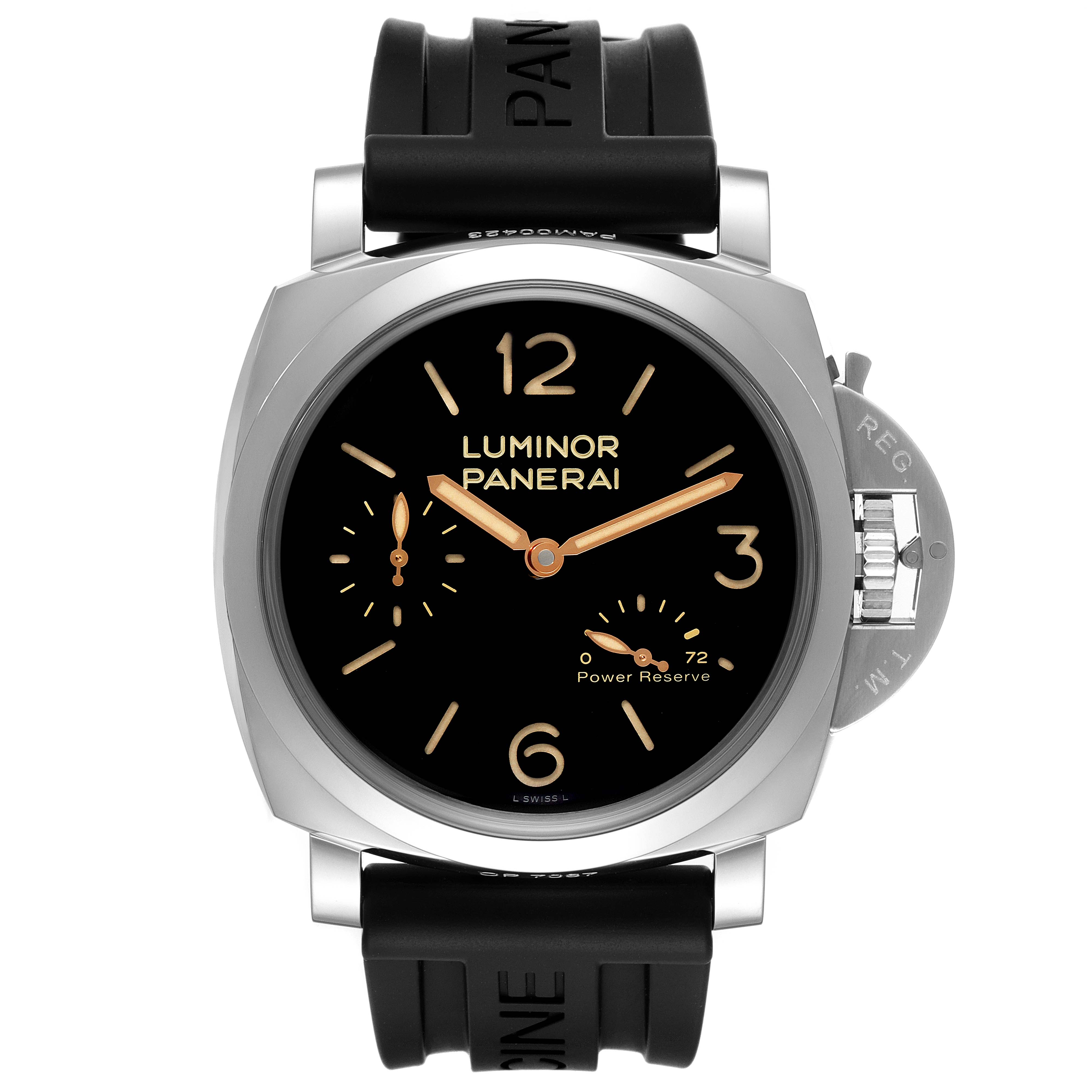 The image shows a front view of a Panerai Luminor PAM00423 Men
s Stainless Steel Black Dial PAM00423 Men
s Stainless Steel Black Dial watch, displaying its black dial, rubber strap, and crown guard.