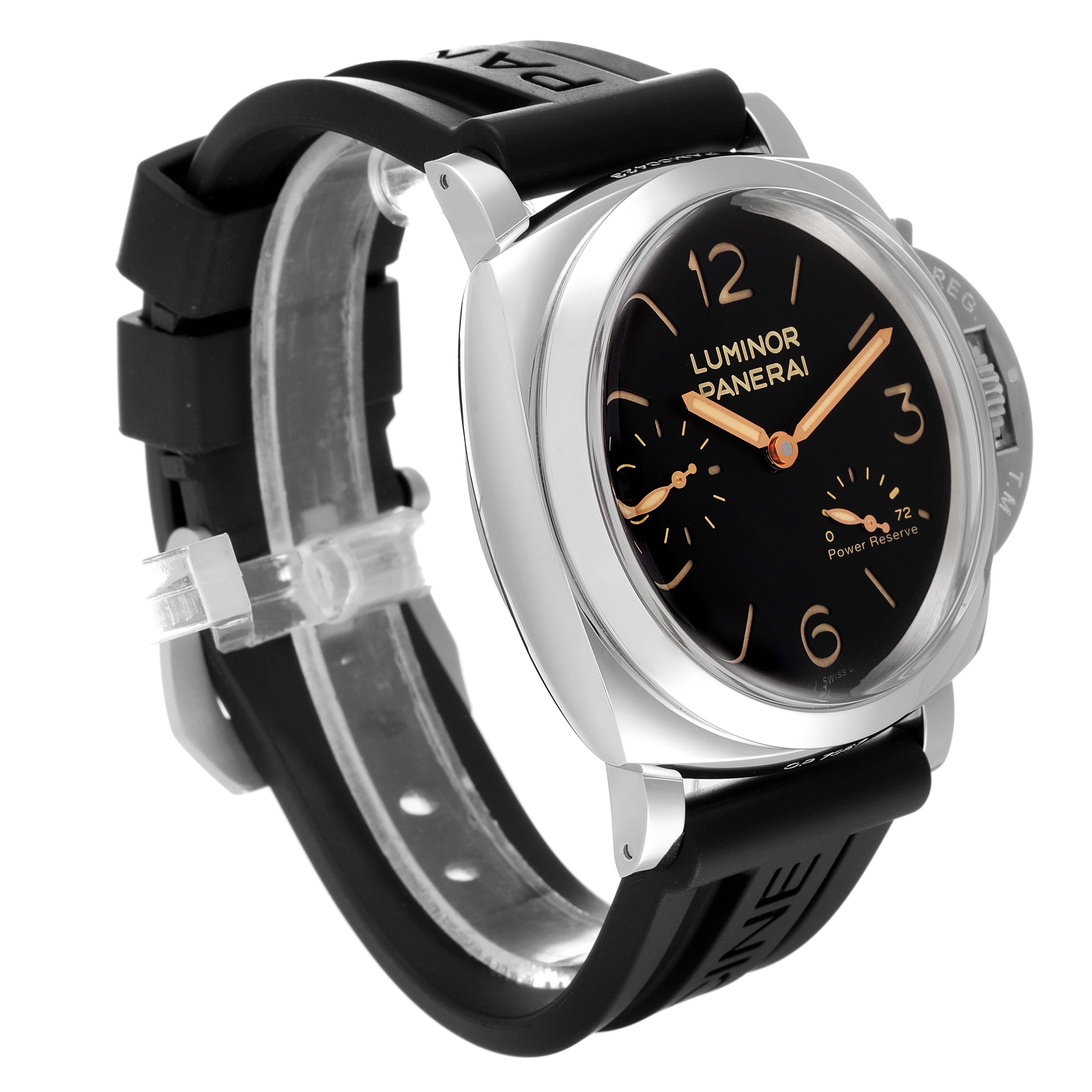 The image shows a Panerai Luminor PAM00423 Men
s Stainless Steel Black Dial PAM00423 Men
s Stainless Steel Black Dial watch at a three-quarter angle, featuring the face, strap, and part of the crown guard mechanism.