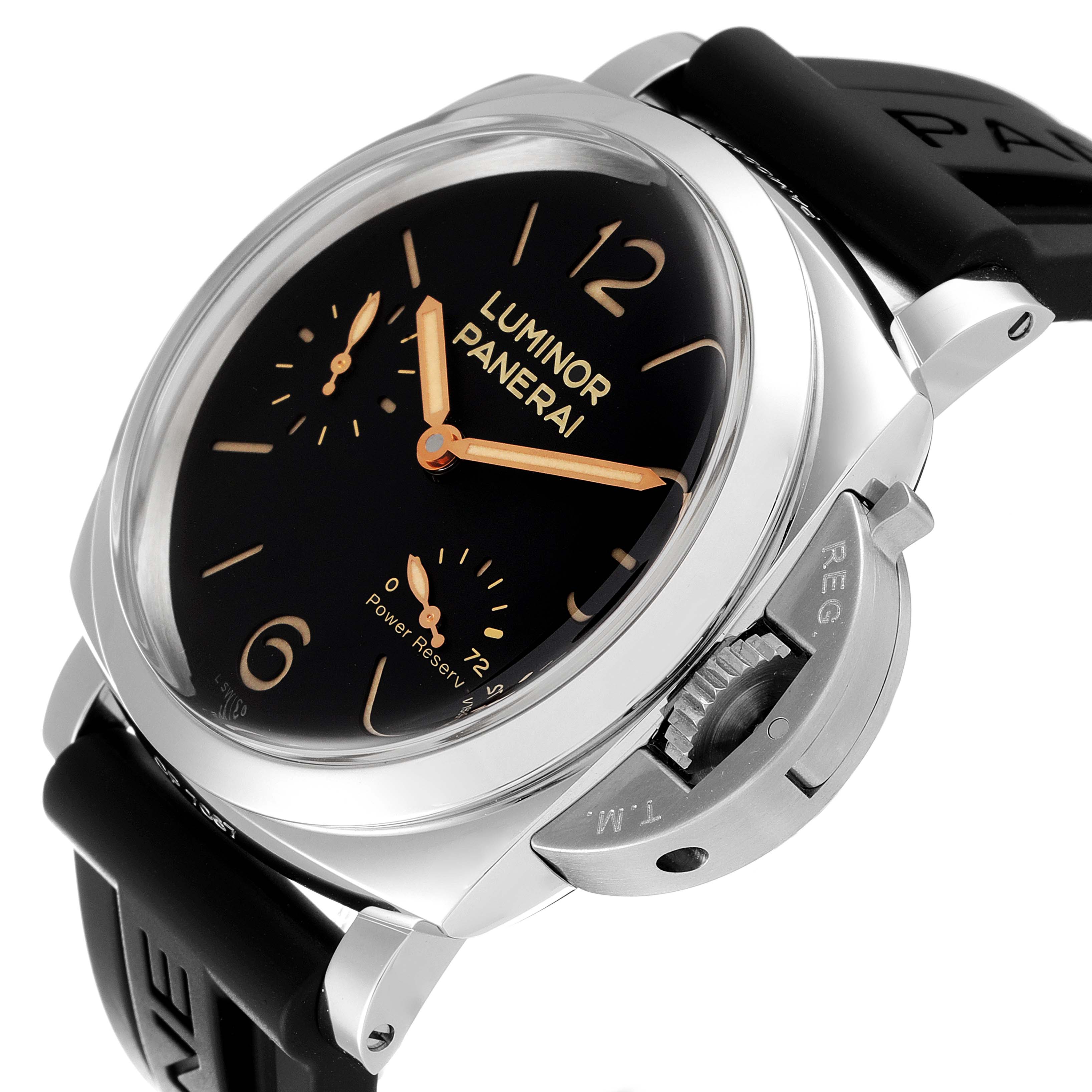 This image shows a Panerai Luminor PAM00423 Men
s Stainless Steel Black Dial PAM00423 Men
s Stainless Steel Black Dial watch angled to highlight the dial, crown, and power reserve indicator.