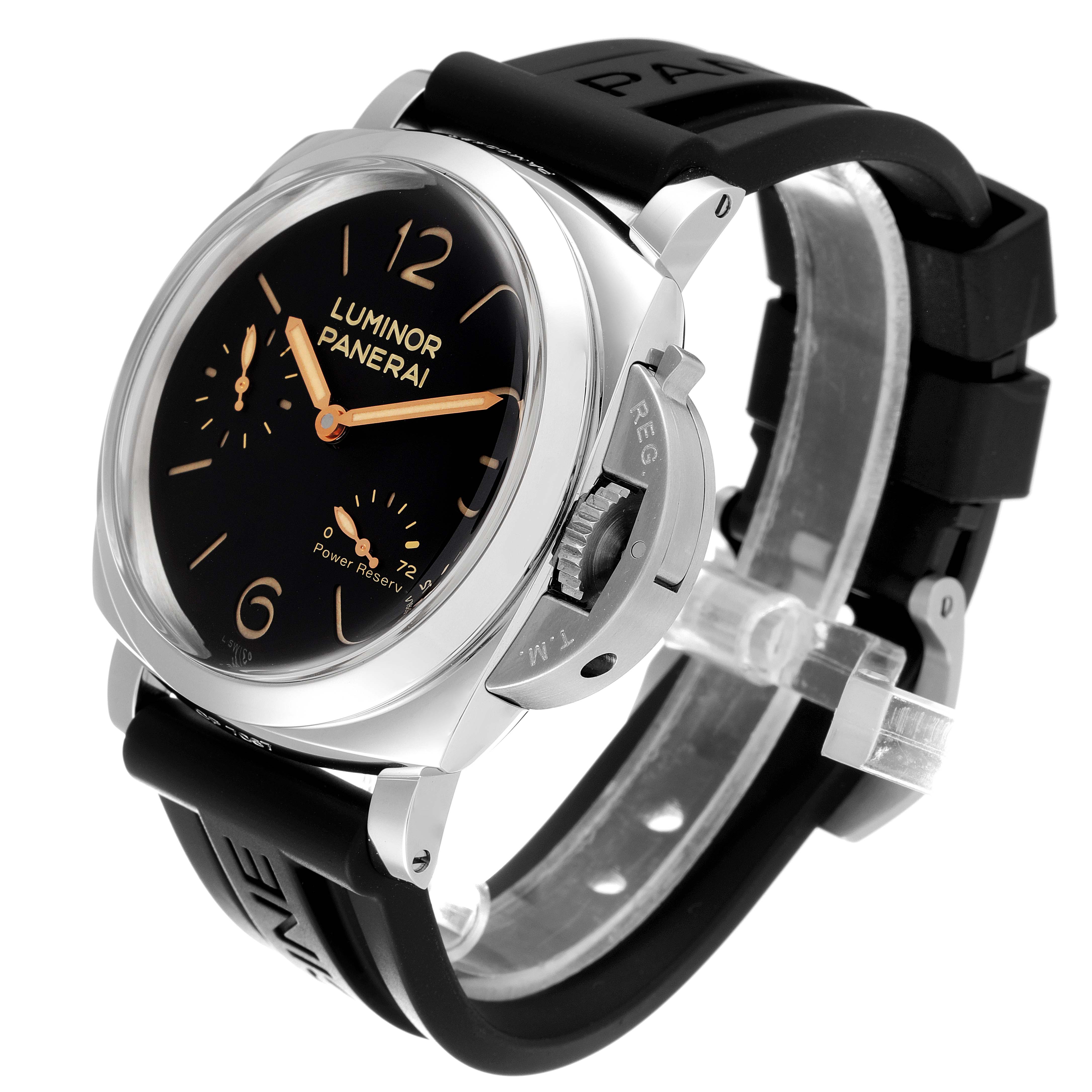 The image shows a Panerai Luminor PAM00423 Men
s Stainless Steel Black Dial PAM00423 Men
s Stainless Steel Black Dial watch from a three-quarter angle highlighting the watch face, crown guard, and black strap.