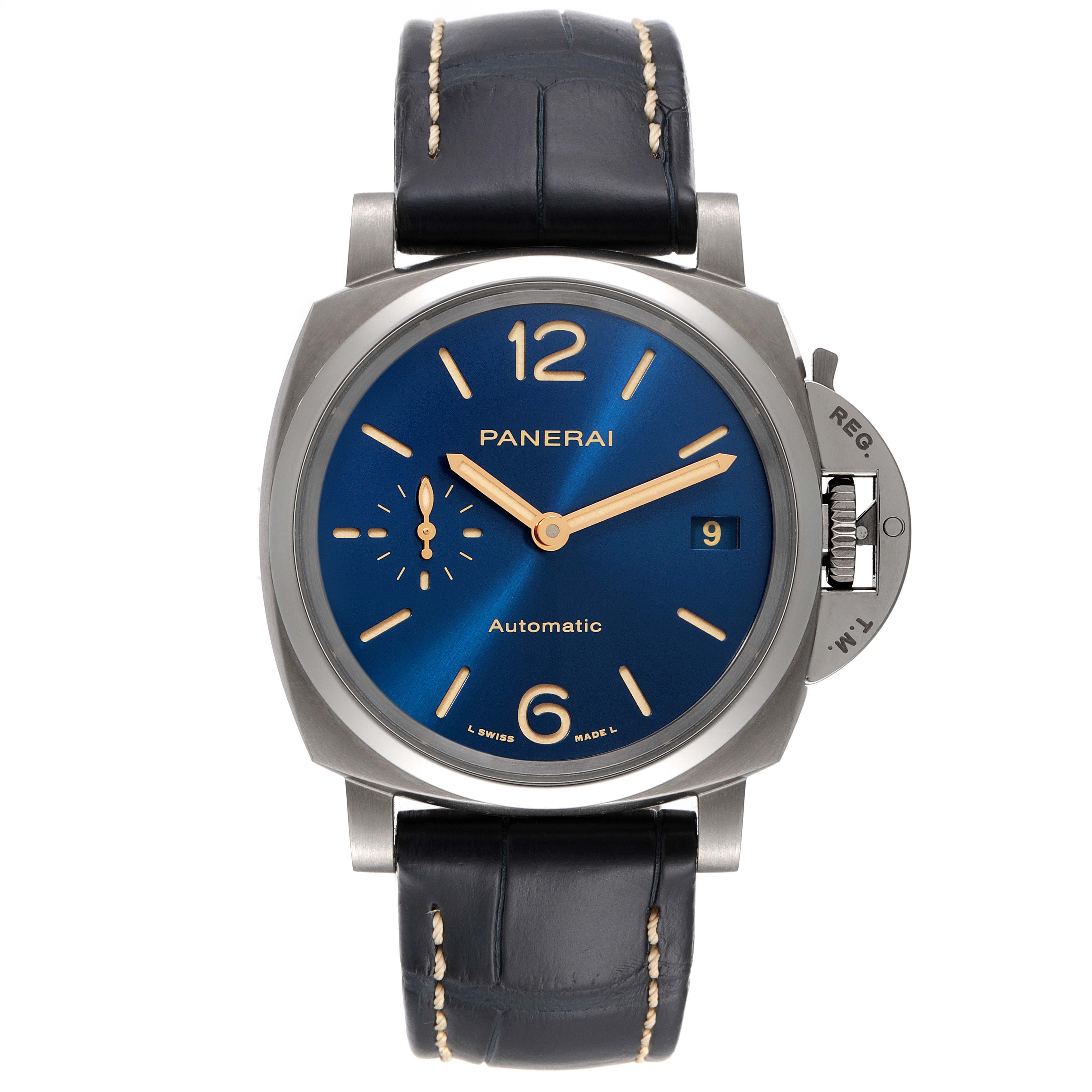 This image shows a frontal view of a Panerai Luminor Due PAM00926 Men's Titanium Blue Dial PAM00926 Men's Titanium Blue Dial watch, highlighting the dial, hands, and strap.
