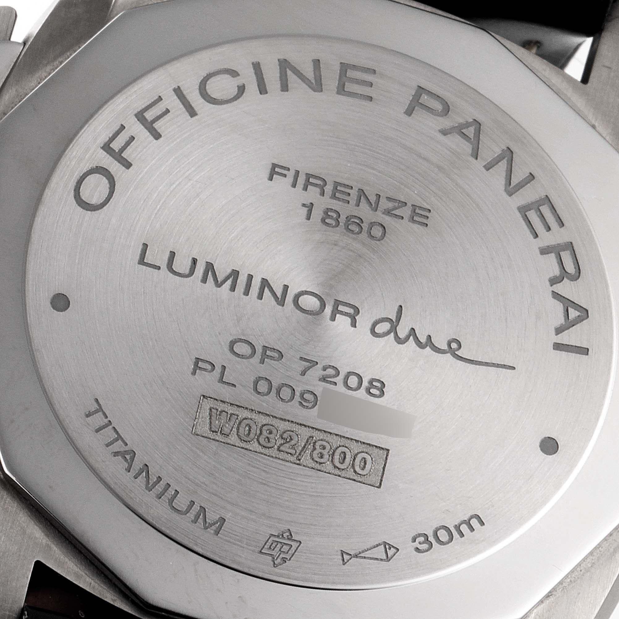 The image shows the stainless steel case back of a Panerai Luminor Due PAM00926 Men's Titanium Blue Dial PAM00926 Men's Titanium Blue Dial watch, displaying markings and specifications.