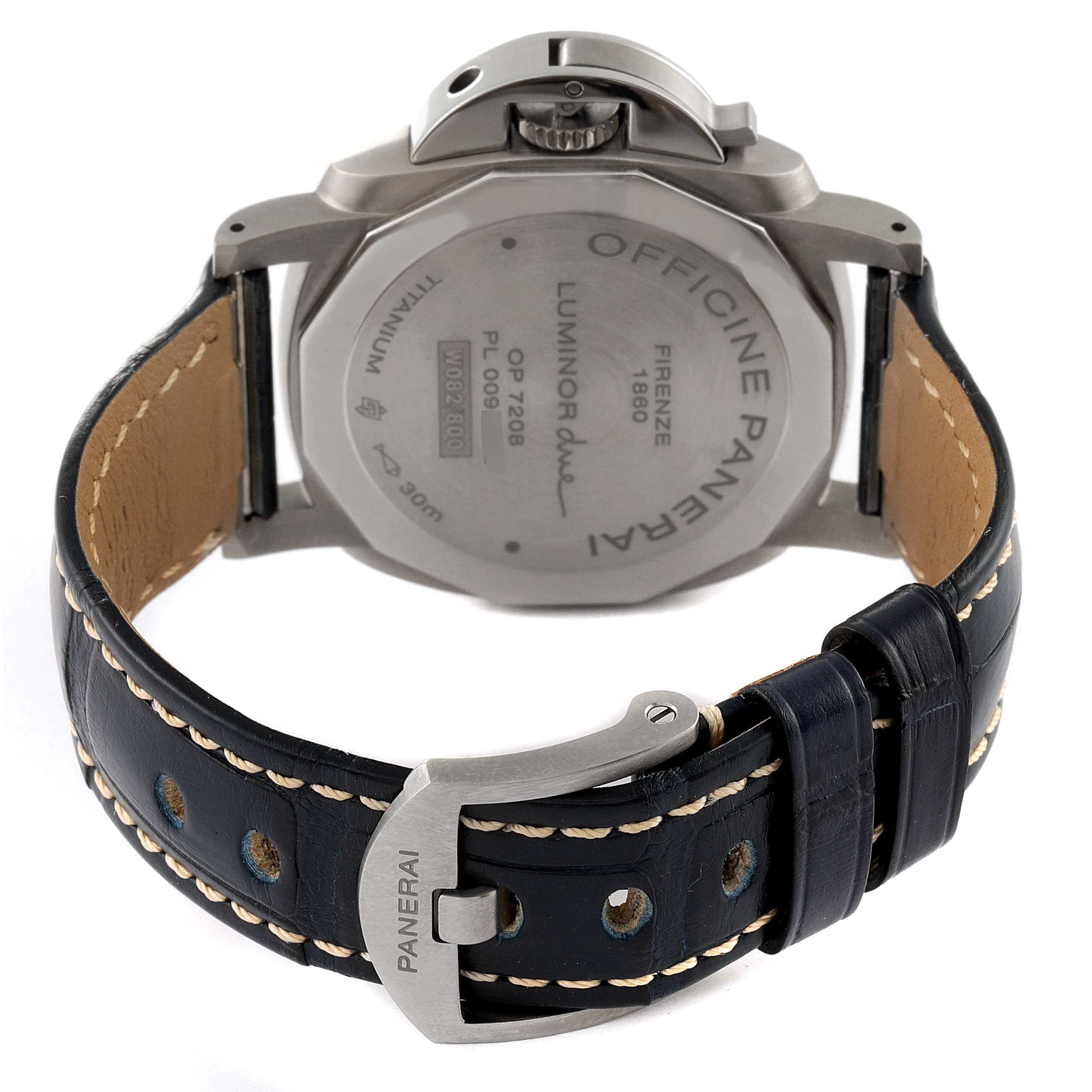 The image shows the back of a Panerai Luminor Due PAM00926 Men's Titanium Blue Dial PAM00926 Men's Titanium Blue Dial watch displayed at an angle, highlighting the case back, crown, and leather strap with buckle.