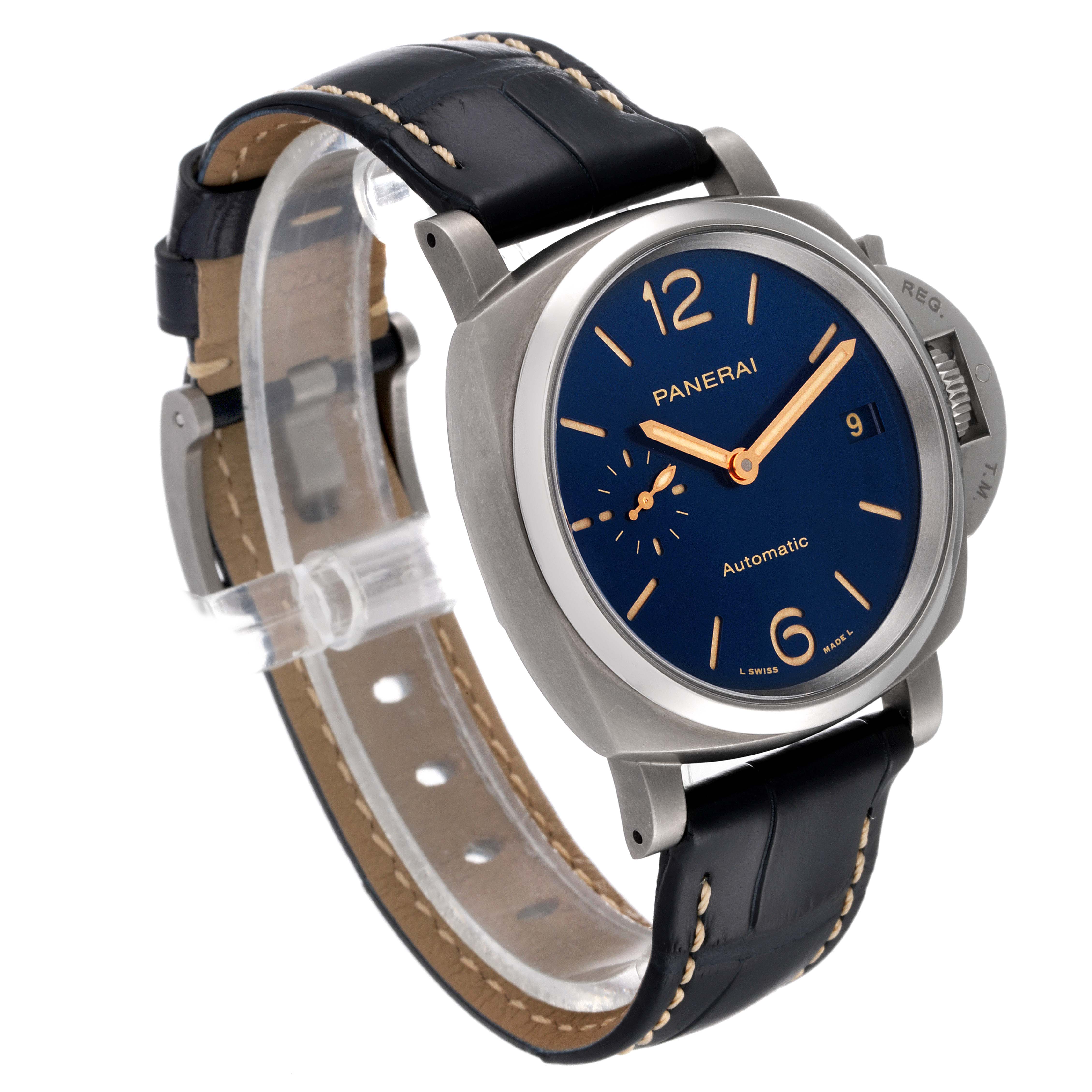 This image shows a Panerai Luminor Due PAM00926 Men's Titanium Blue Dial PAM00926 Men's Titanium Blue Dial watch from a three-quarter angle, highlighting the watch face, bezel, crown guard, and strap.
