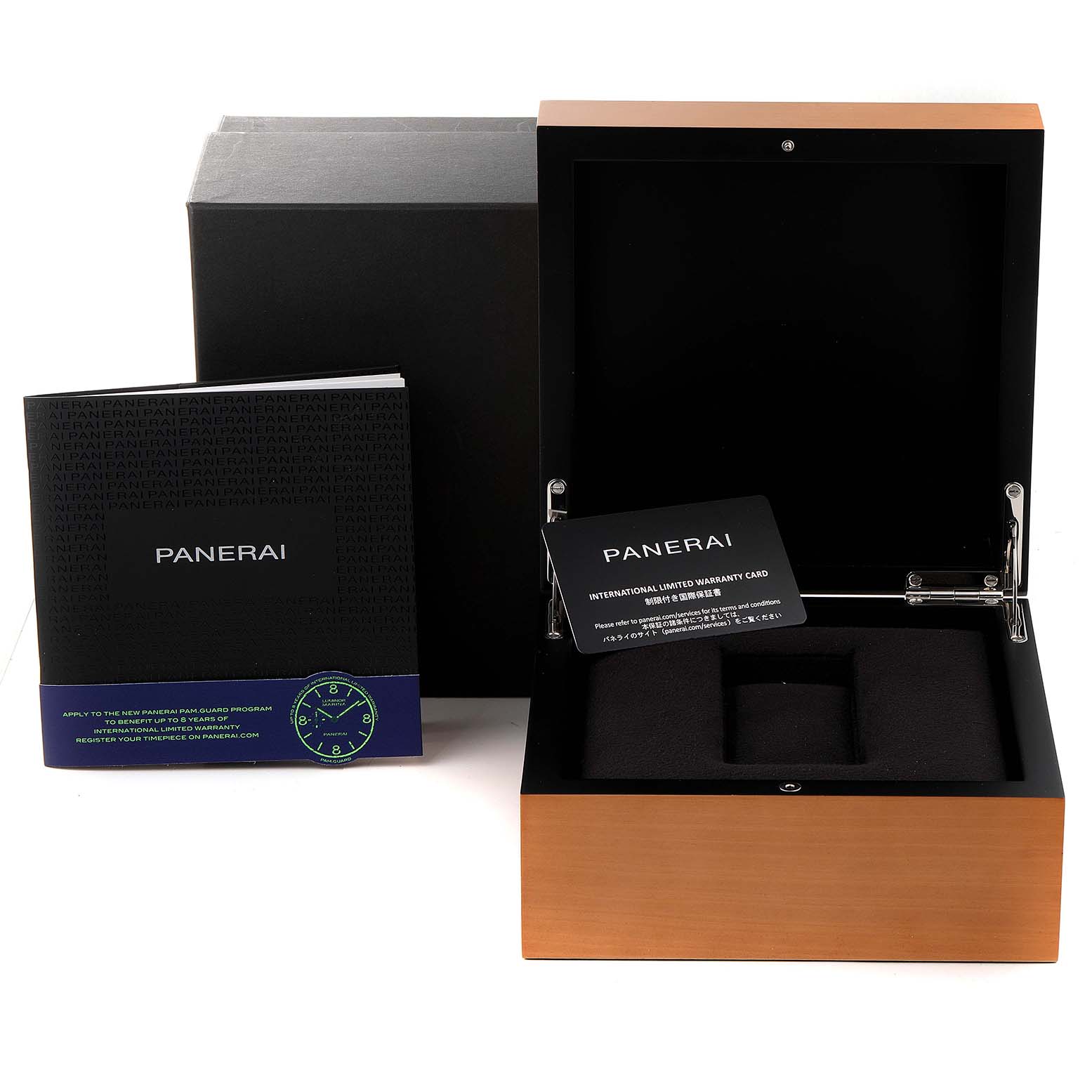 The image shows the box, warranty card, and booklet of a Panerai Luminor Due PAM00926 Men's Titanium Blue Dial PAM00926 Men's Titanium Blue Dial watch, all viewed from the front.
