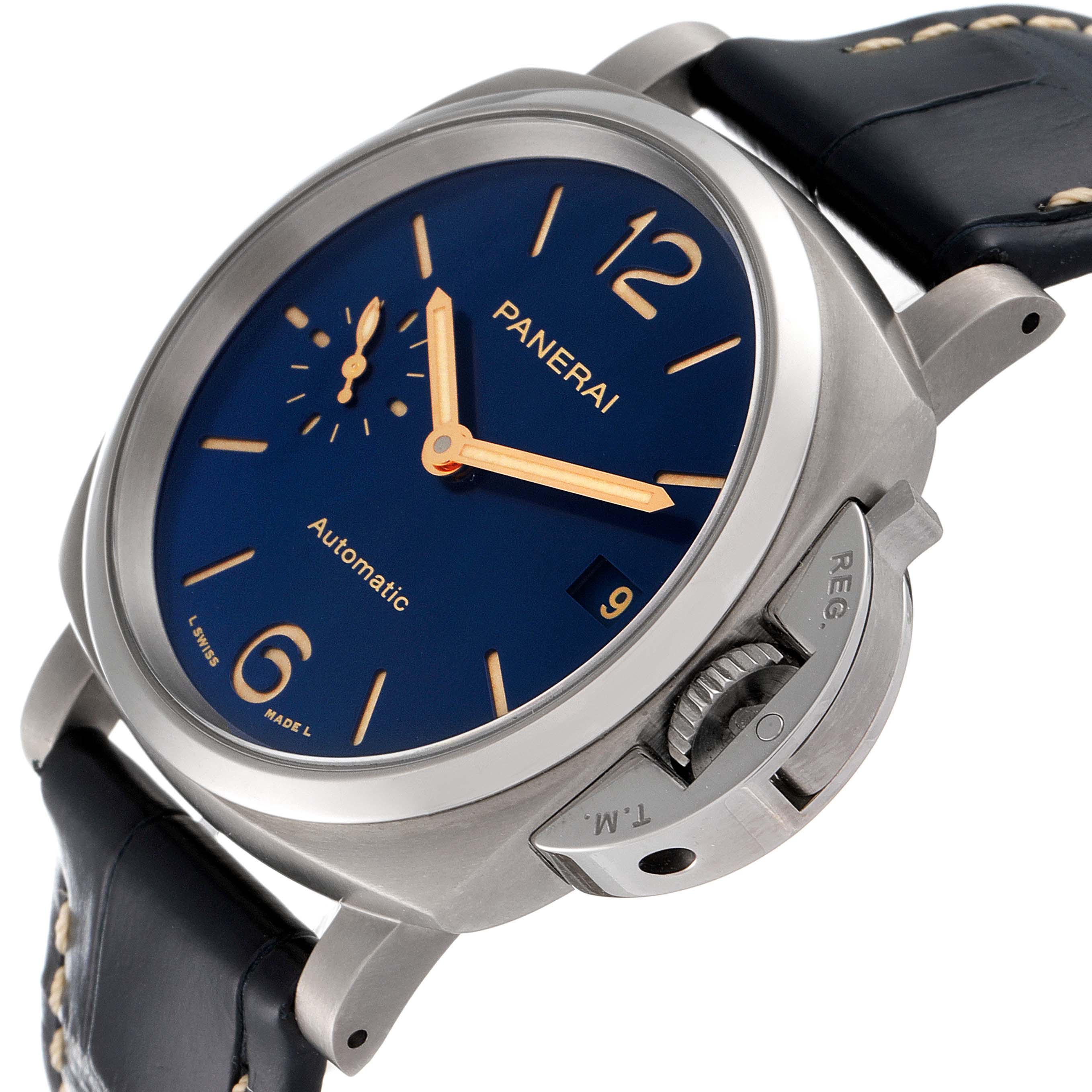 The image shows a side angle of a Panerai Luminor Due PAM00926 Men's Titanium Blue Dial PAM00926 Men's Titanium Blue Dial watch, highlighting the dial, crown guard, lugs, and part of the strap.