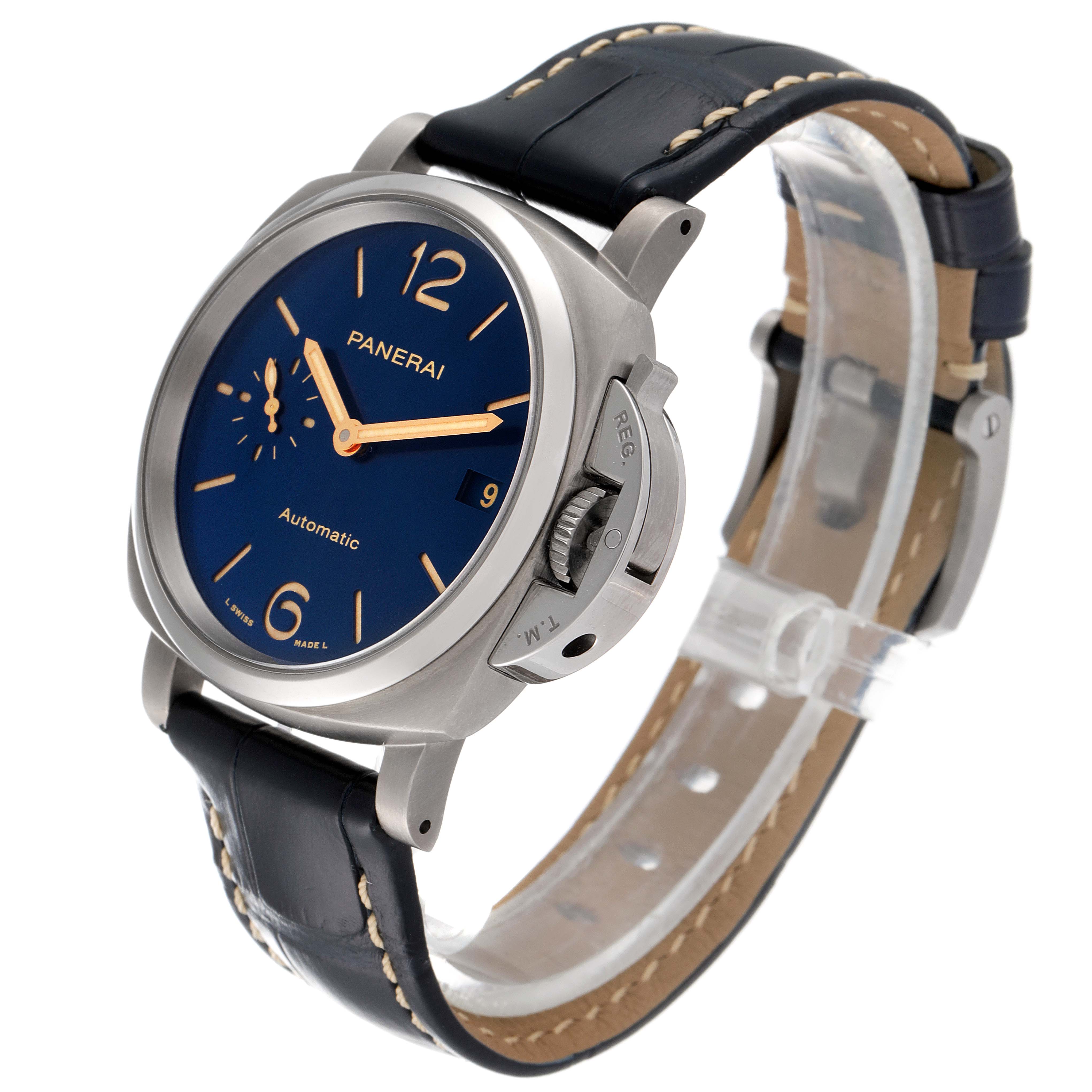 The image shows a side-angled view of the Panerai Luminor Due PAM00926 Men's Titanium Blue Dial PAM00926 Men's Titanium Blue Dial watch, highlighting the blue dial, crown guard, and black leather strap.