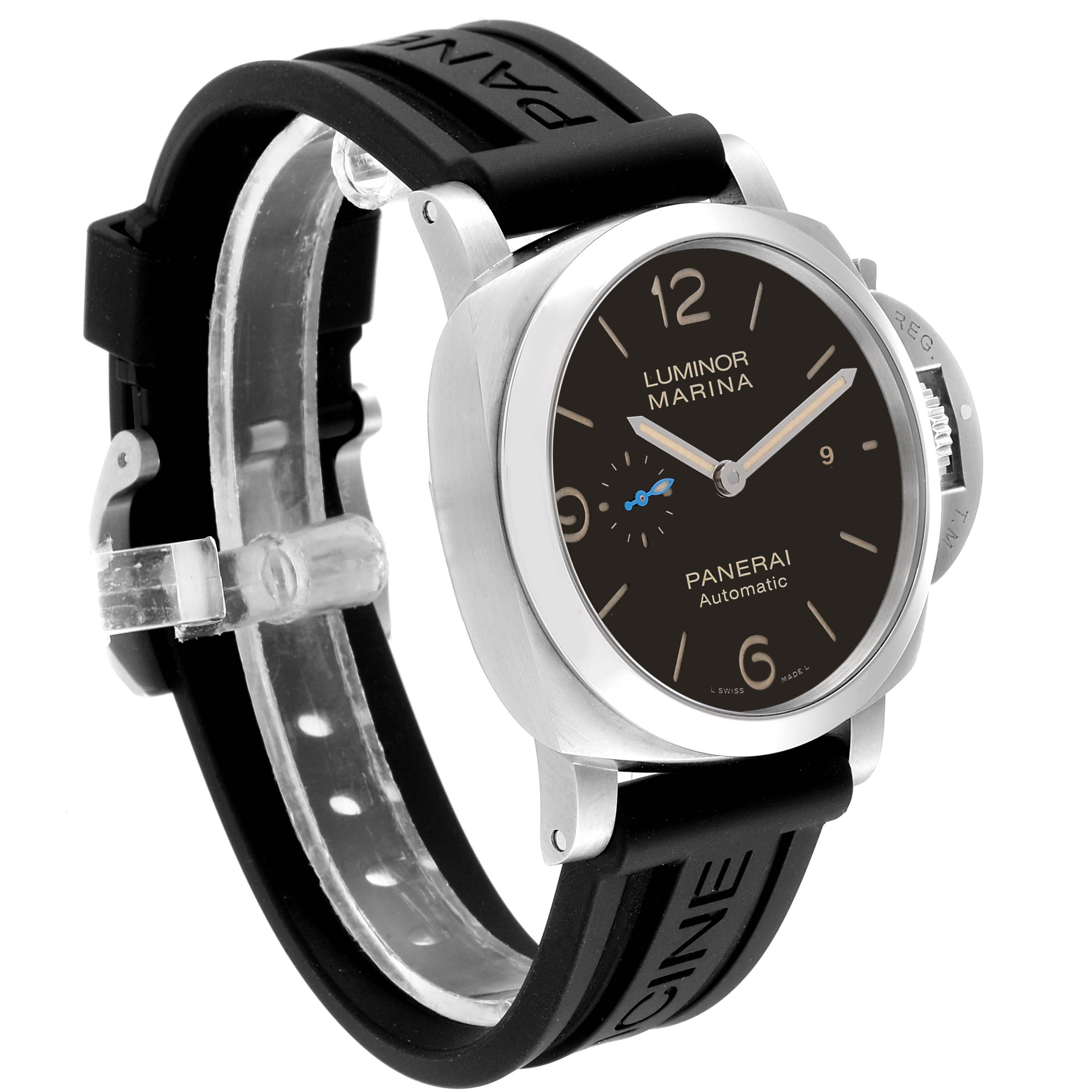 The image shows a Panerai Luminor PAM01392 Men
s Stainless Steel Black Dial PAM01392 Men
s Stainless Steel Black Dial model watch at a three-quarter angle, displaying its face, bezel, and rubber strap.