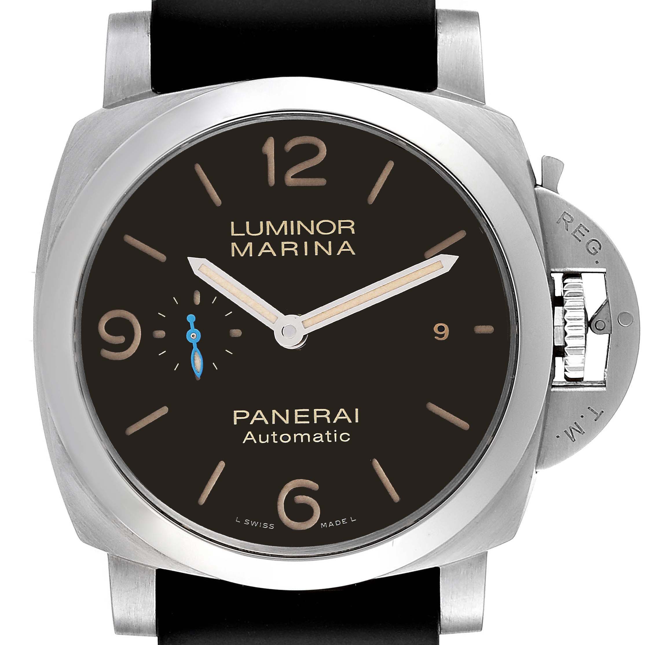 The image shows a front view of a Panerai Luminor PAM01392 Men
s Stainless Steel Black Dial PAM01392 Men
s Stainless Steel Black Dial Marina watch with a black dial and visible crown guard.