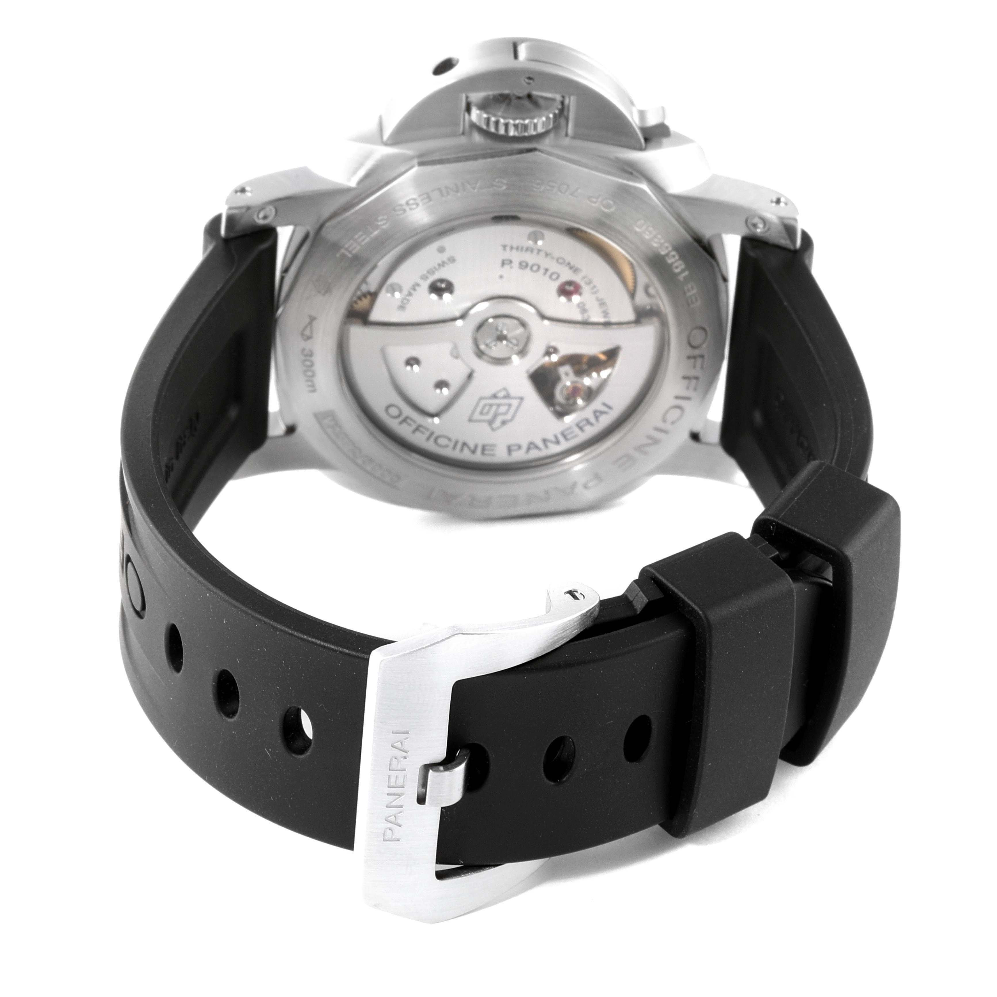 The image shows the back view of a Panerai Luminor PAM01392 Men
s Stainless Steel Black Dial PAM01392 Men
s Stainless Steel Black Dial watch, highlighting its transparent case back and the black rubber strap with buckle.