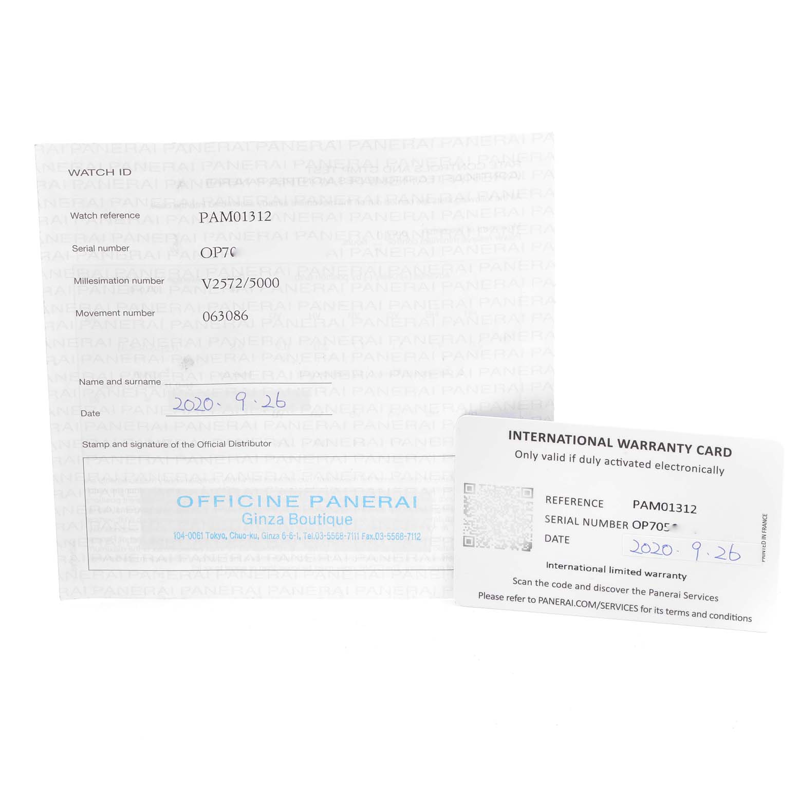 The image shows the certification and warranty card for a Panerai Luminor PAM01392 Men
s Stainless Steel Black Dial PAM01392 Men
s Stainless Steel Black Dial PAM01312 watch, placed flat on a surface.