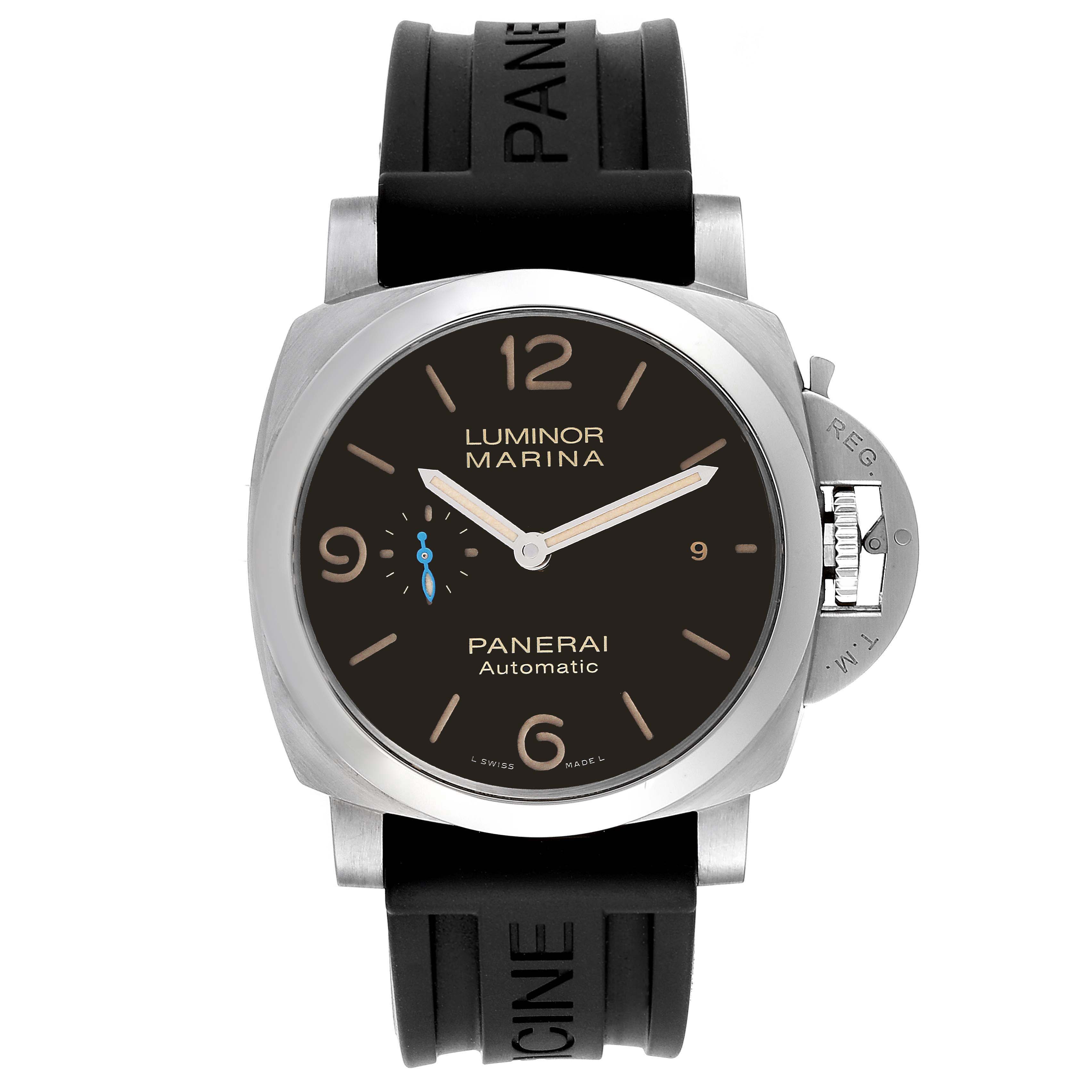 The image shows a front-view angle of a Panerai Luminor PAM01392 Men
s Stainless Steel Black Dial PAM01392 Men
s Stainless Steel Black Dial Marina watch, highlighting the dial, crown guard, and strap.