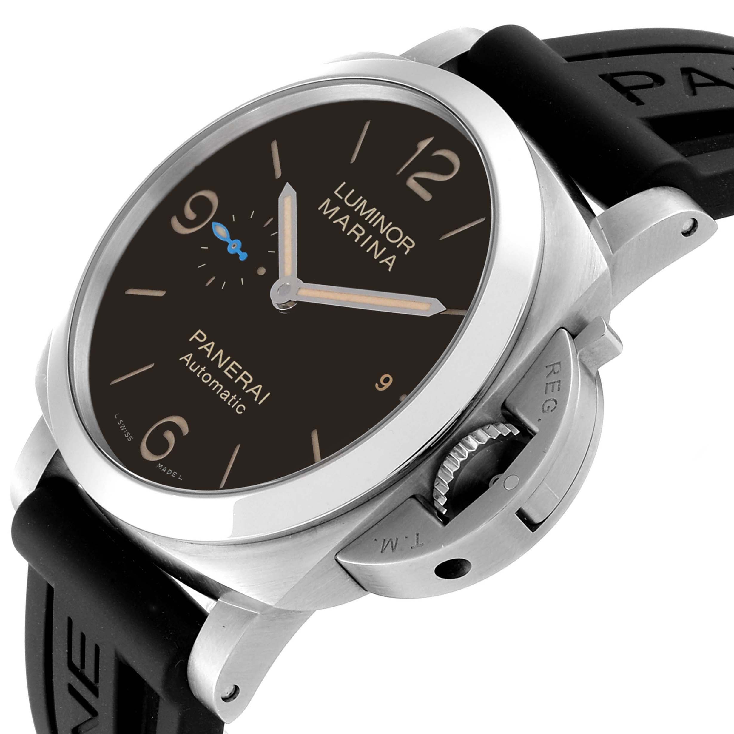 The image shows a side angle of a Panerai Luminor PAM01392 Men
s Stainless Steel Black Dial PAM01392 Men
s Stainless Steel Black Dial Marina watch, featuring its black dial, crown guard, and black rubber strap.