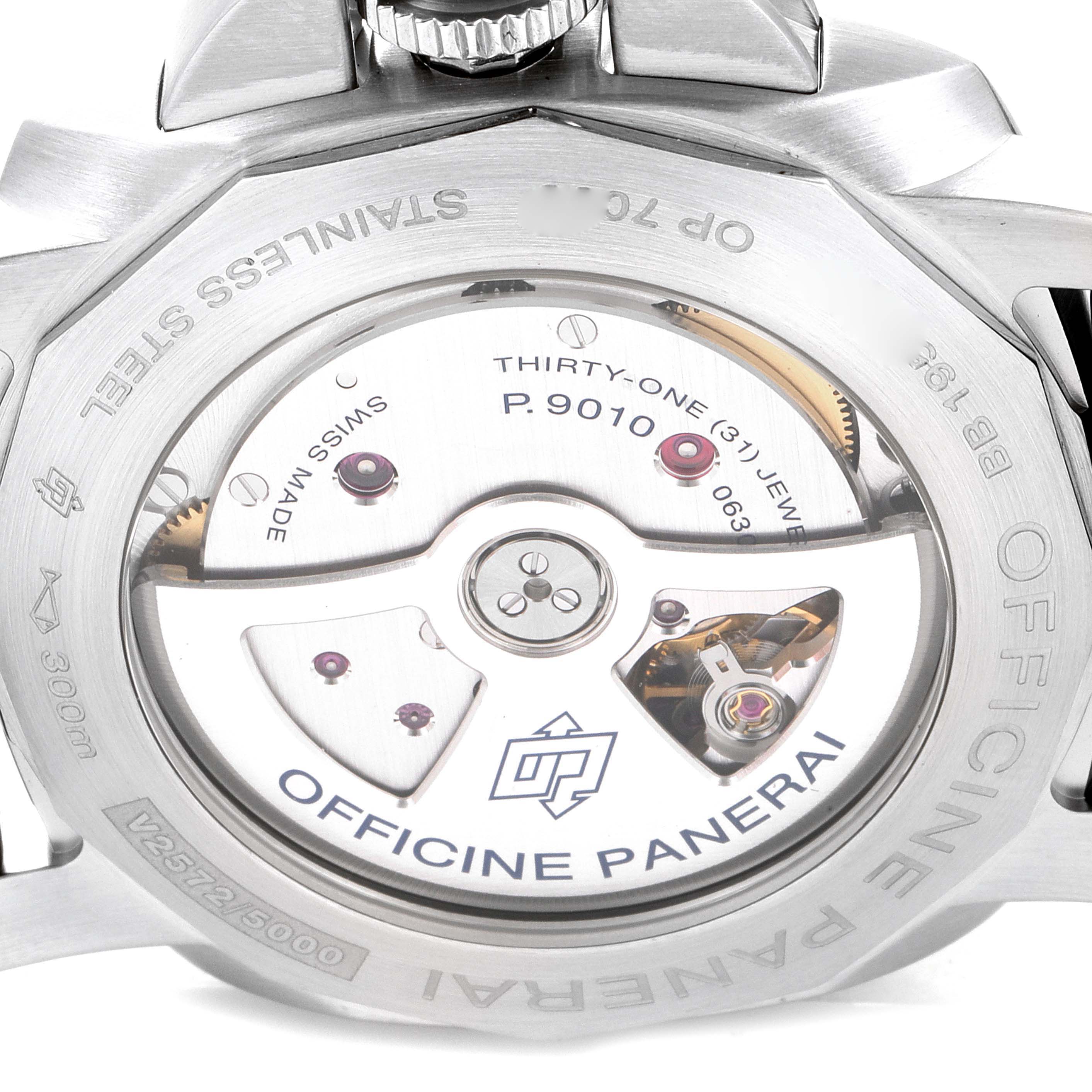 The image shows the back view of a Panerai Luminor PAM01392 Men
s Stainless Steel Black Dial PAM01392 Men
s Stainless Steel Black Dial watch, highlighting the intricate mechanics and branding.