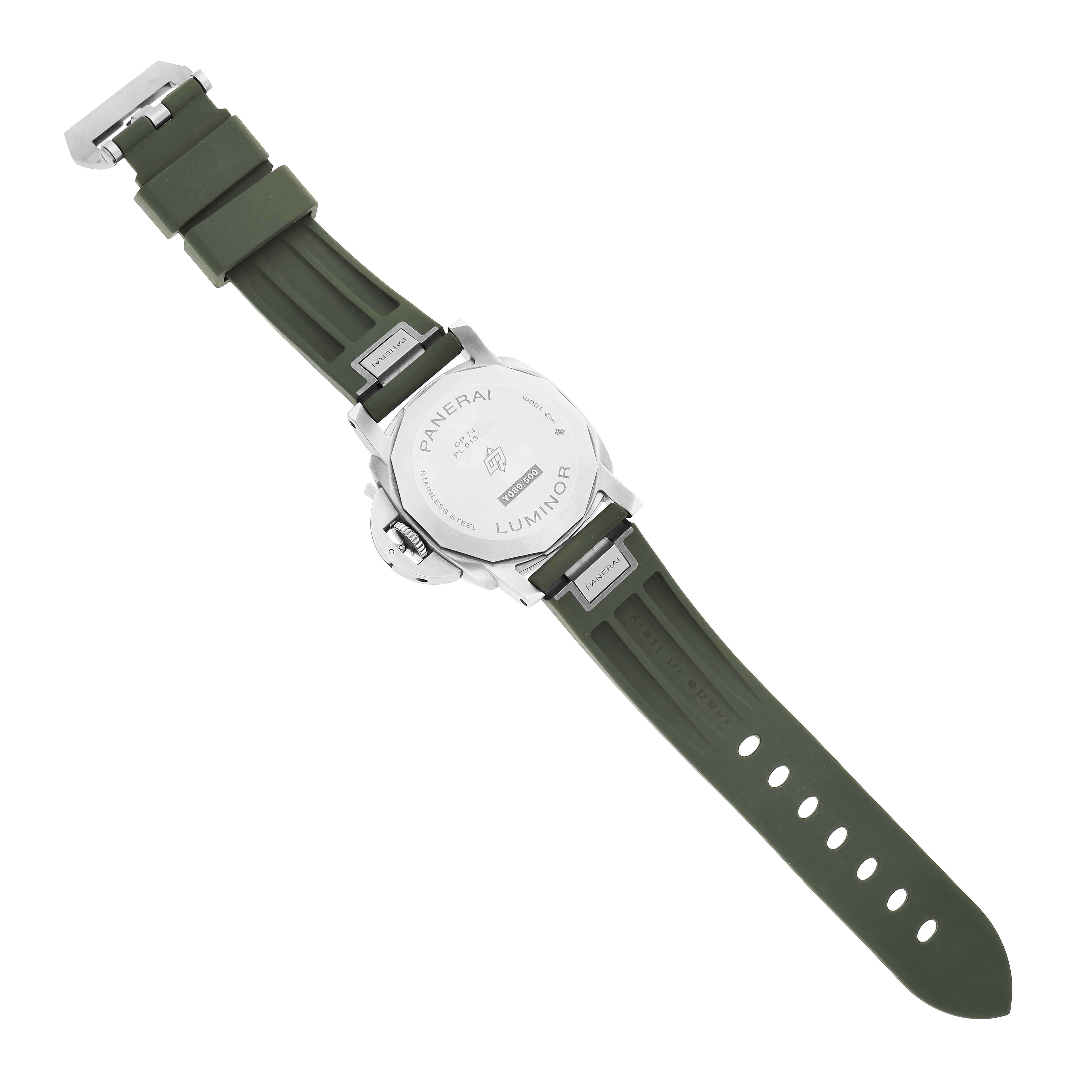 The image shows the back of a Panerai Luminor PAM01304 Men's Stainless Steel Green Dial watch at an angle, displaying its case back, strap, and buckle.