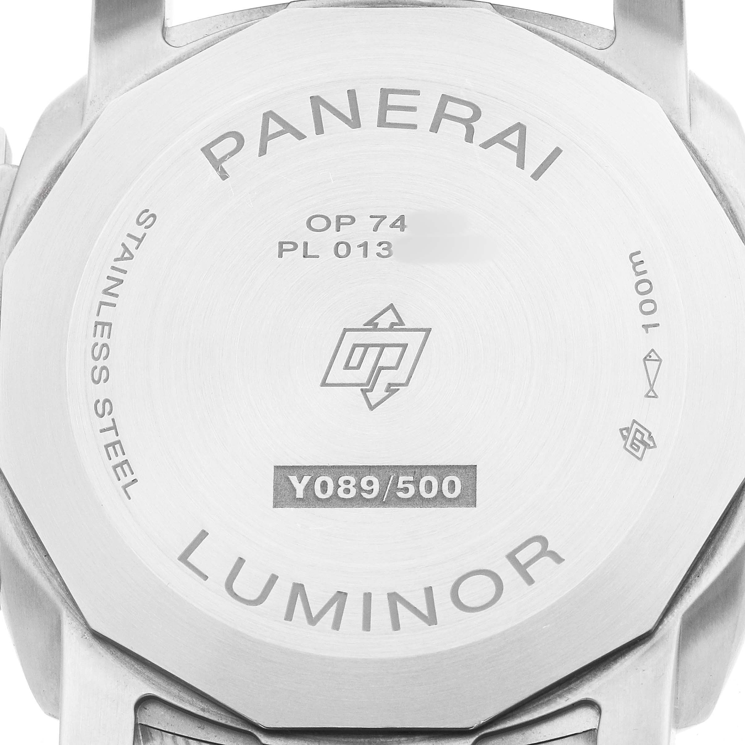 The image shows the back of the Panerai Luminor PAM01304 Men's Stainless Steel Green Dial watch, highlighting the case details and inscriptions.