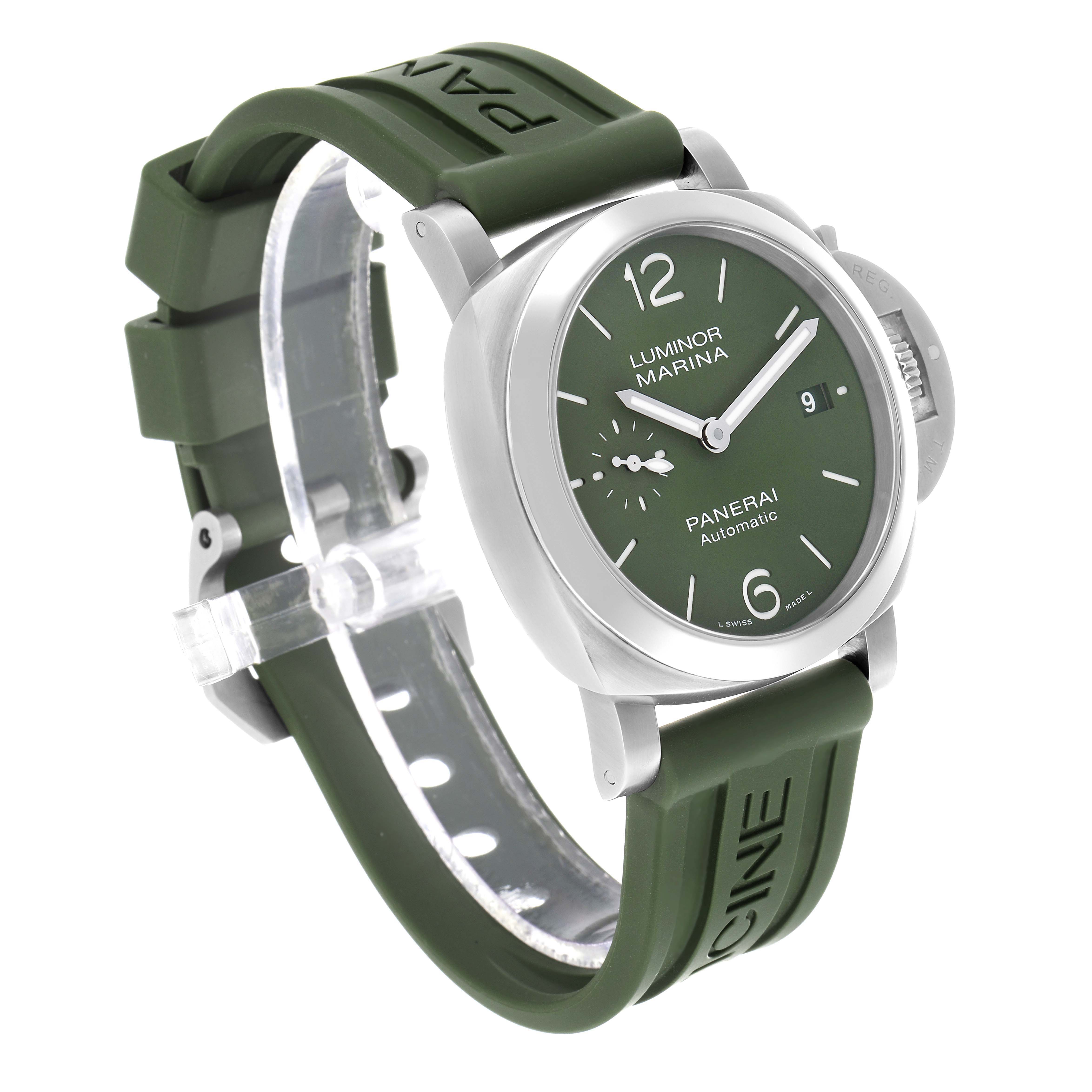 The Panerai Luminor PAM01304 Men's Stainless Steel Green Dial watch is shown at a three-quarter angle, displaying its green dial, side crown, and rubber strap.