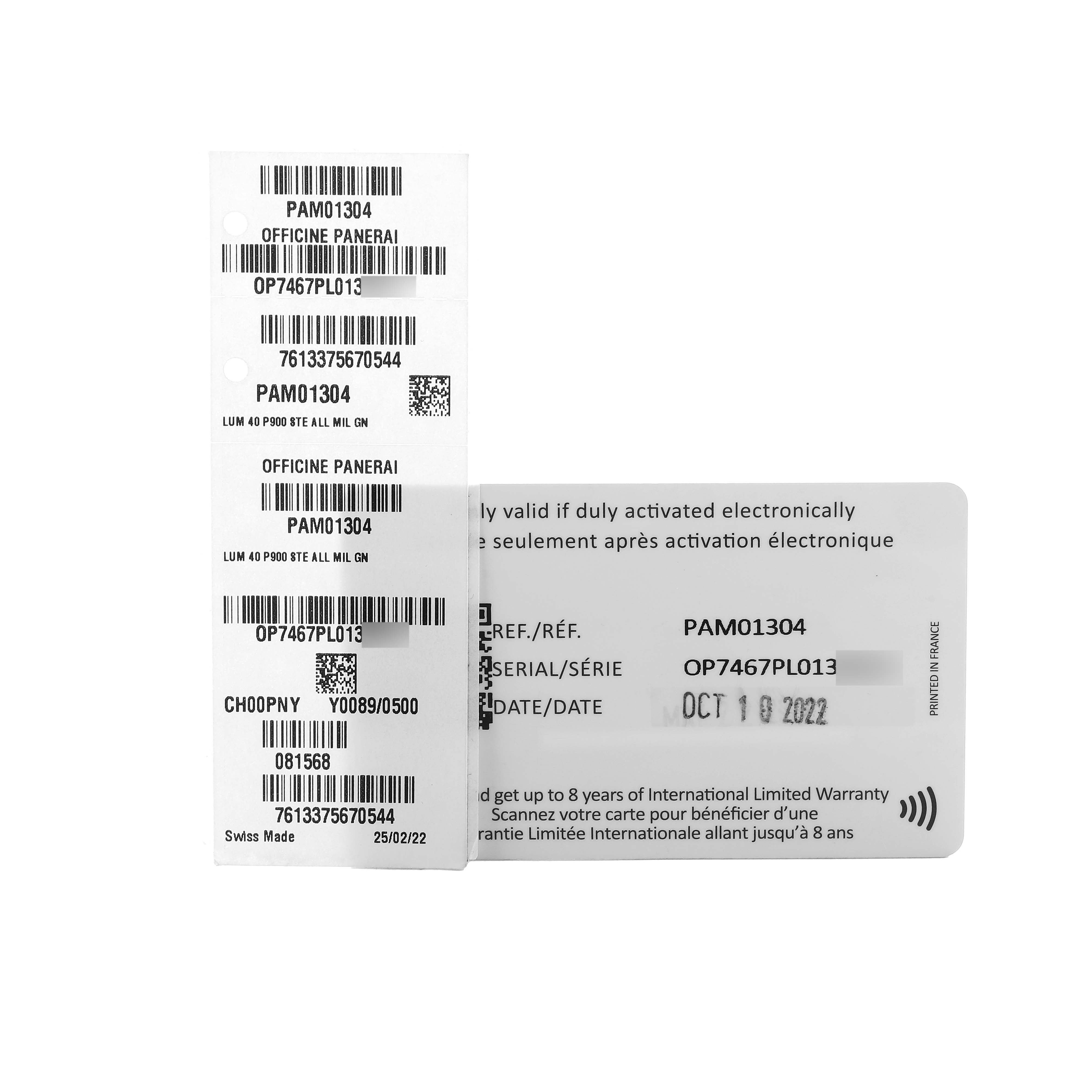 The image shows warranty cards and tags for the Panerai Luminor PAM01304 Men's Stainless Steel Green Dial PAM01304 model, with serial numbers and barcodes visible.