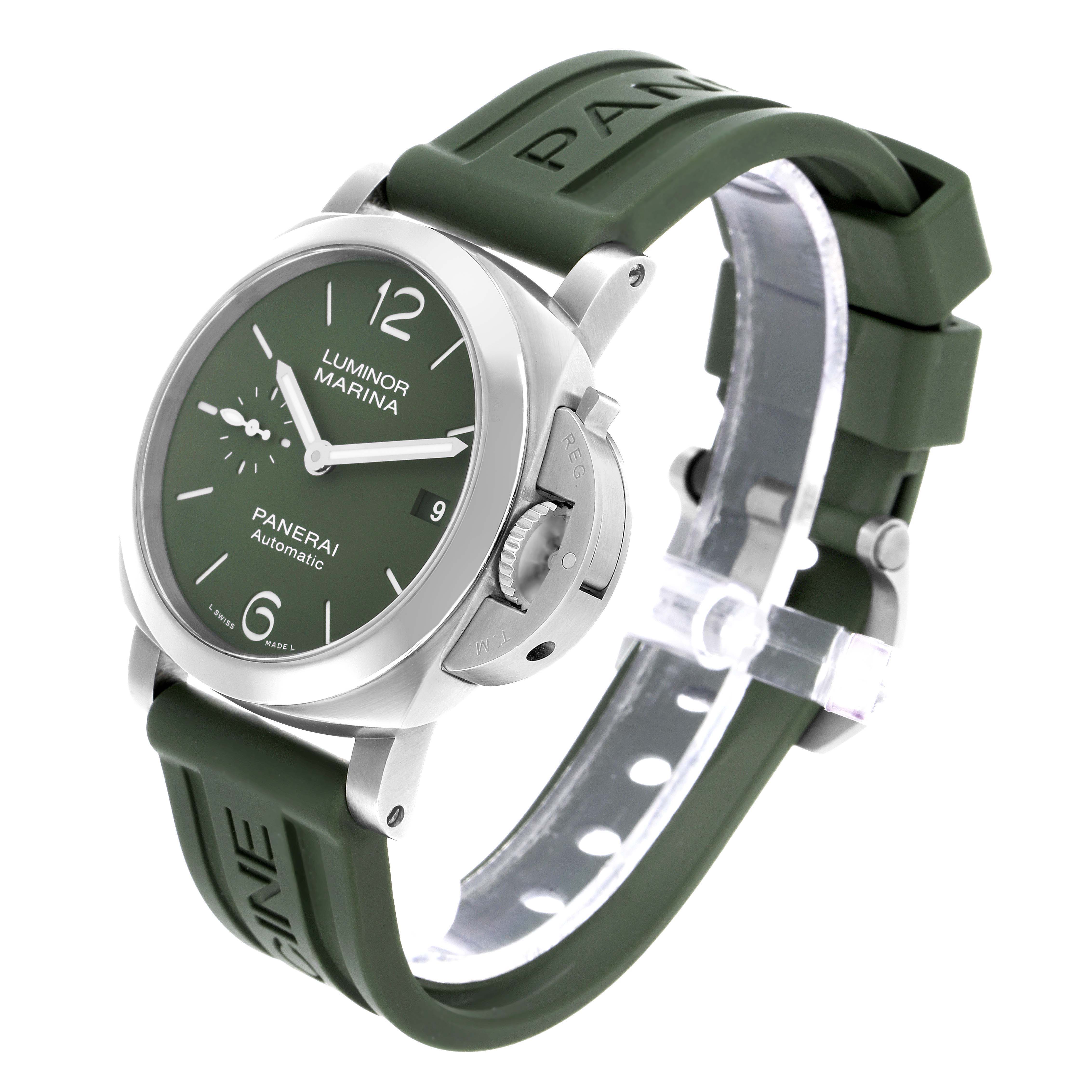 The Panerai Luminor PAM01304 Men's Stainless Steel Green Dial watch is shown at a three-quarter angle, displaying the face, crown guard, and green strap.