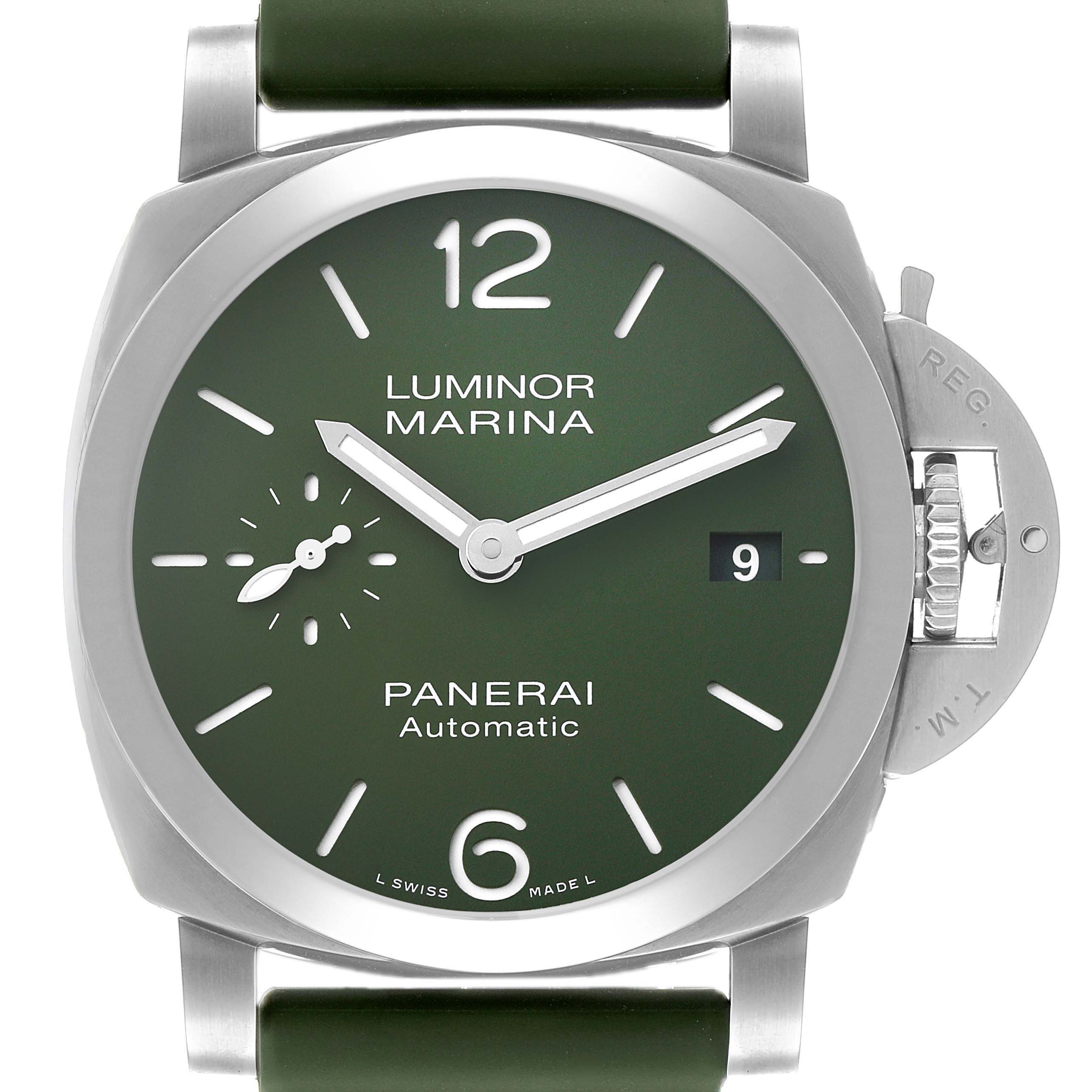 The Panerai Luminor PAM01304 Men's Stainless Steel Green Dial watch is shown from a frontal angle, highlighting the green dial, sub-dial, and distinctive crown guard.