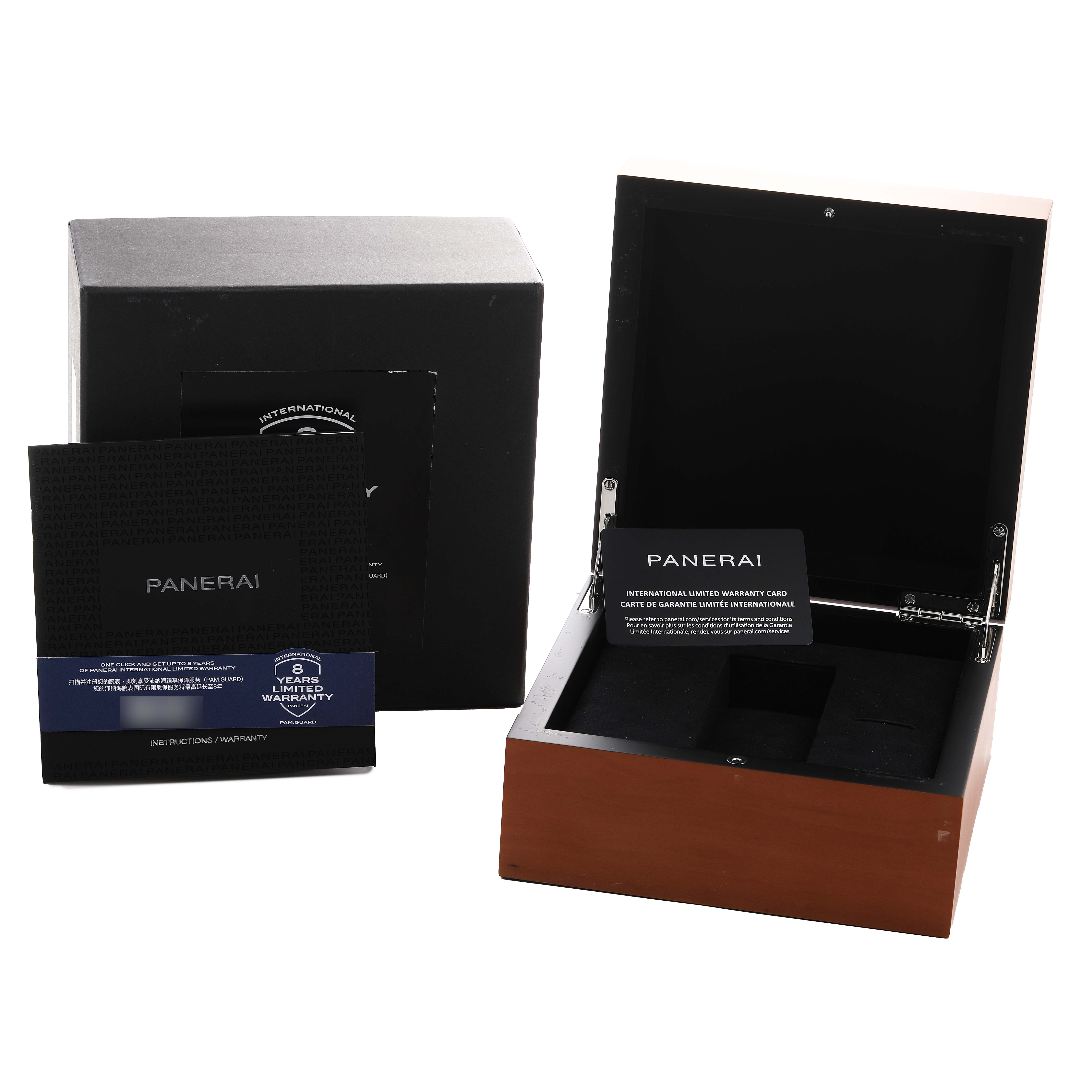 The image shows an opened wooden Panerai Luminor PAM01304 Men's Stainless Steel Green Dial watch box with a warranty card and booklet beside it.