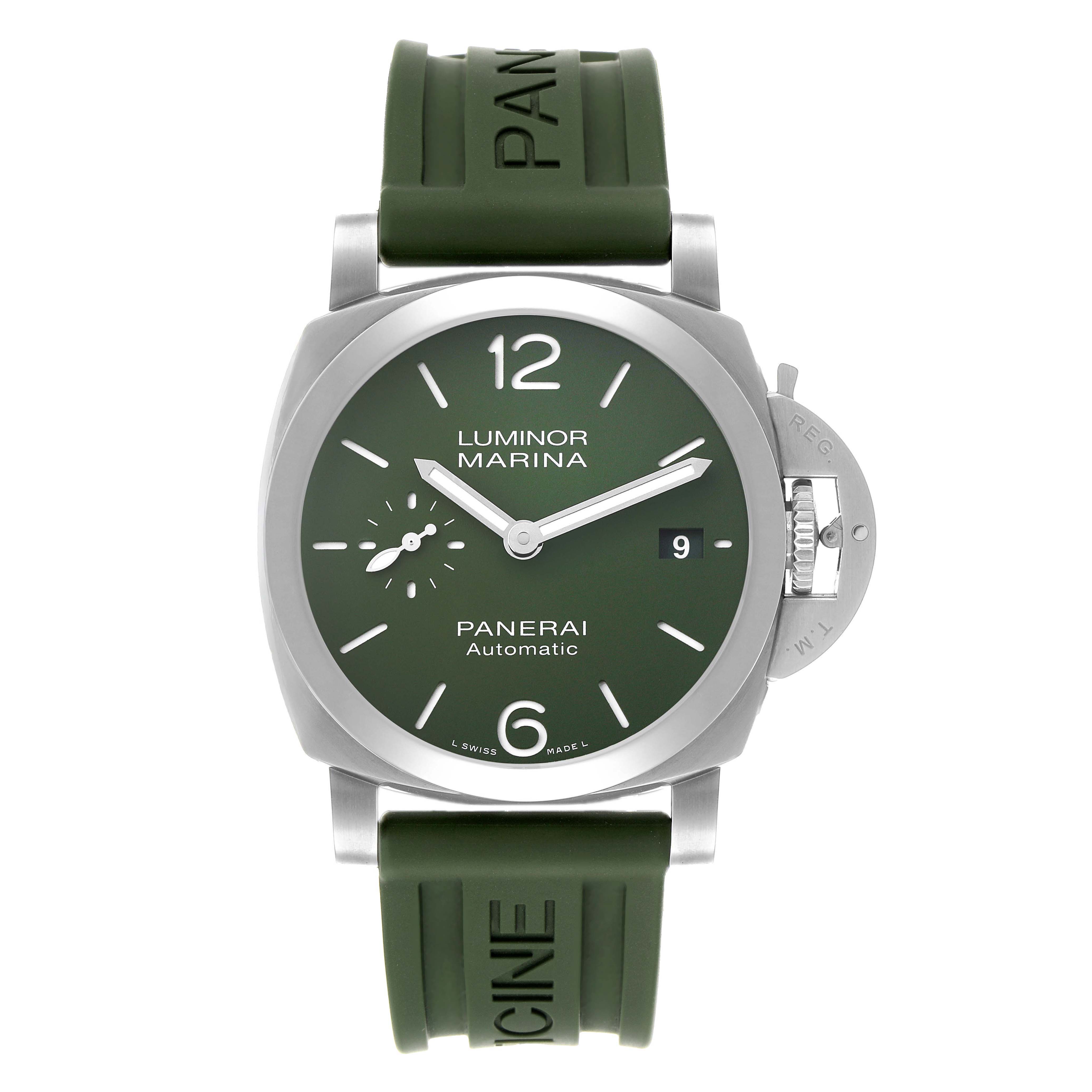The Panerai Luminor PAM01304 Men's Stainless Steel Green Dial watch is shown from a front angle, highlighting its green dial, rubber strap, and crown protector.