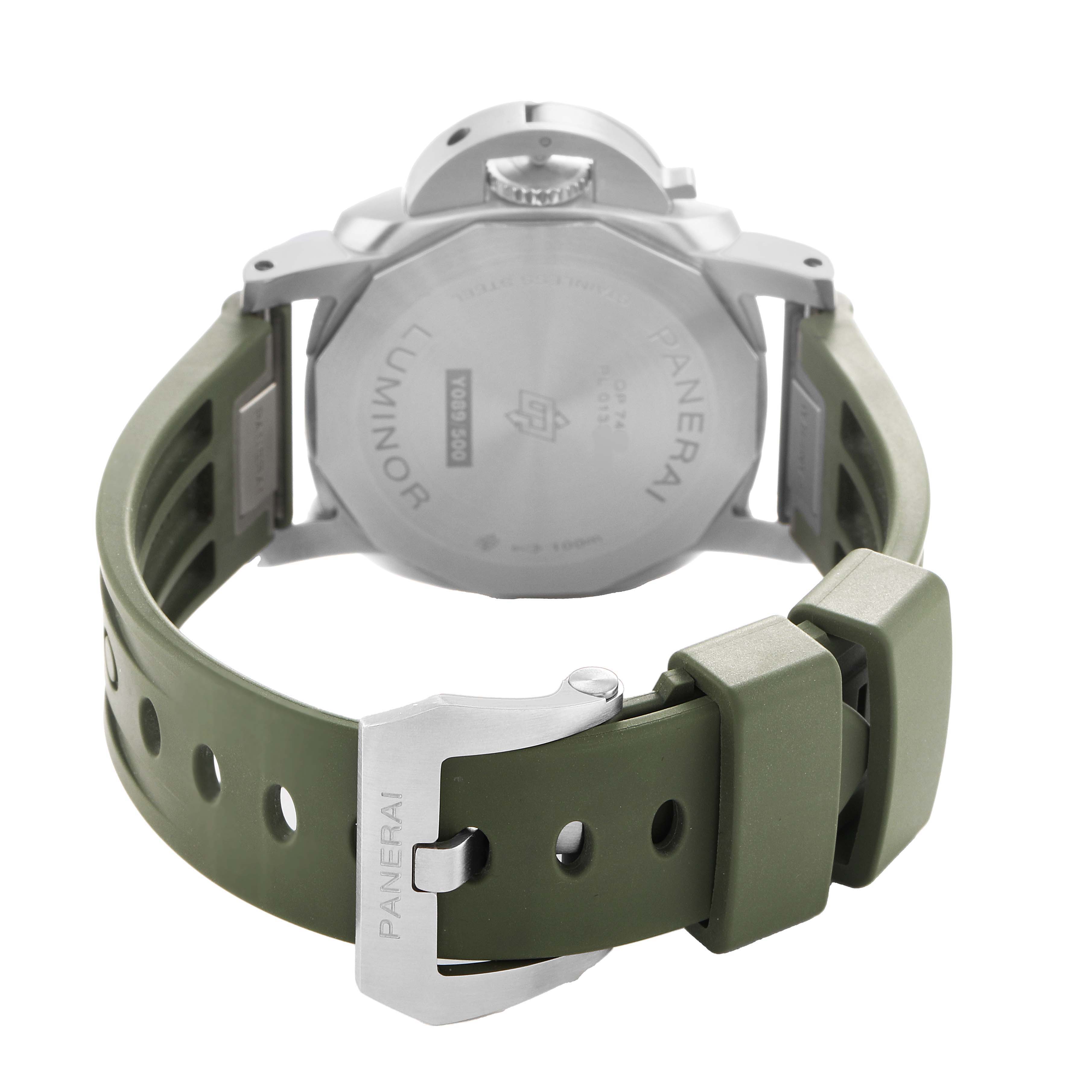 The image shows the back of a Panerai Luminor PAM01304 Men's Stainless Steel Green Dial watch, highlighting the caseback and green strap with a buckle.