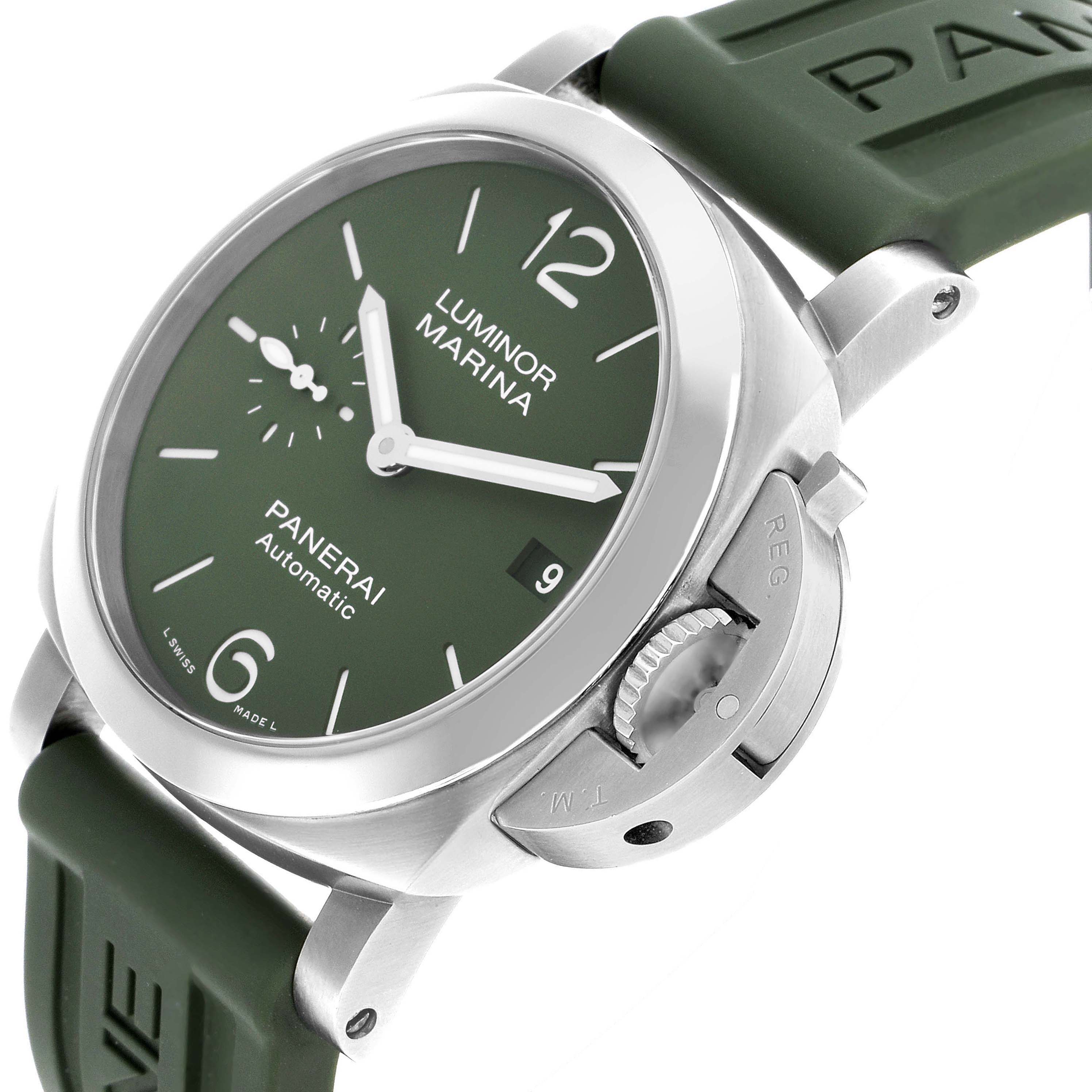 The Panerai Luminor PAM01304 Men's Stainless Steel Green Dial watch is shown at a slight angle, highlighting the dial, crown guard, and green strap.