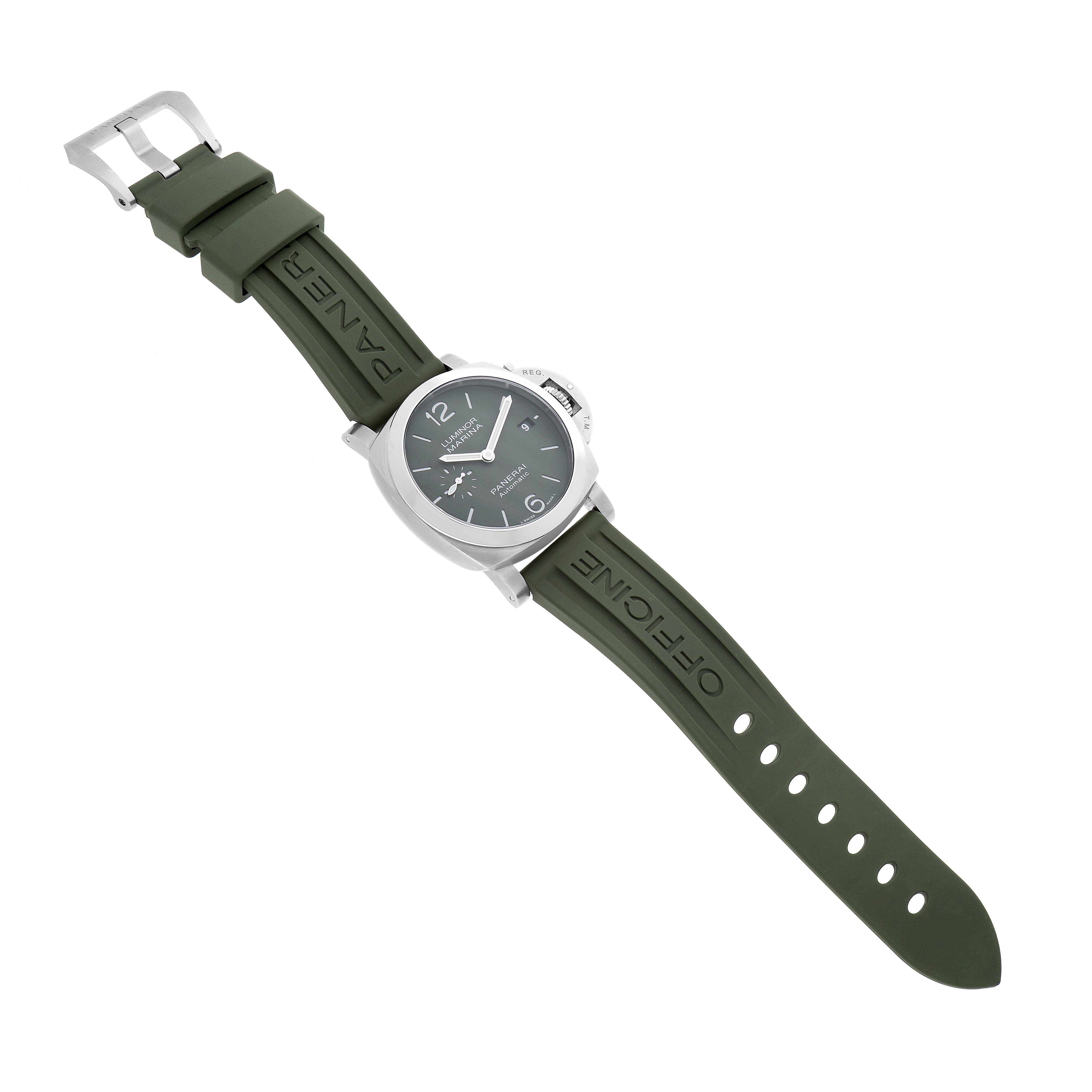 The Panerai Luminor PAM01304 Men's Stainless Steel Green Dial watch is shown from a top-down angle, displaying the full face, case, and green strap.