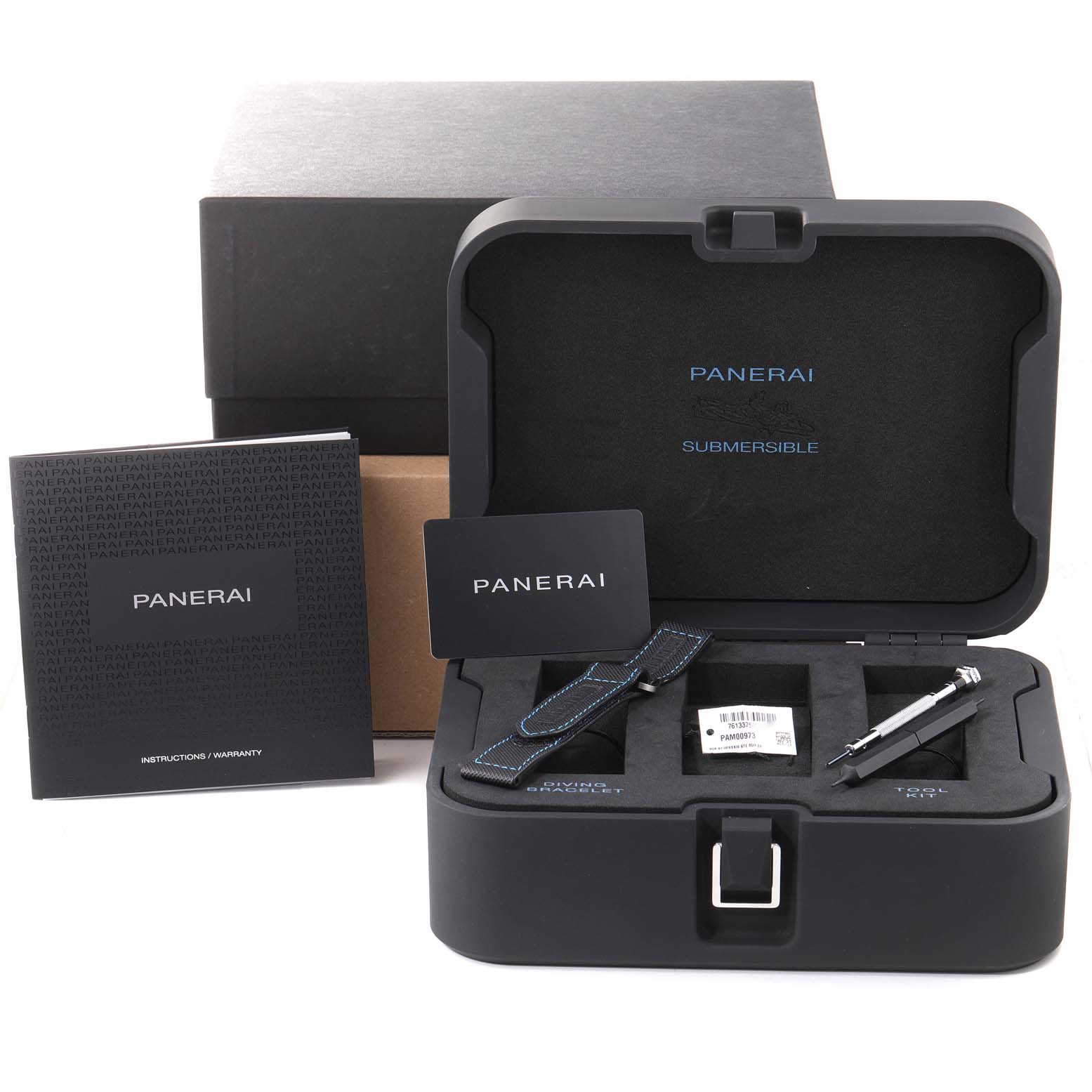 The image shows a Panerai Submersible PAM00973 Men's Stainless Steel Black Dial PAM00973 Men's Stainless Steel Black Dial watch kit, including the box, straps, tools, warranty card, and instruction manual.