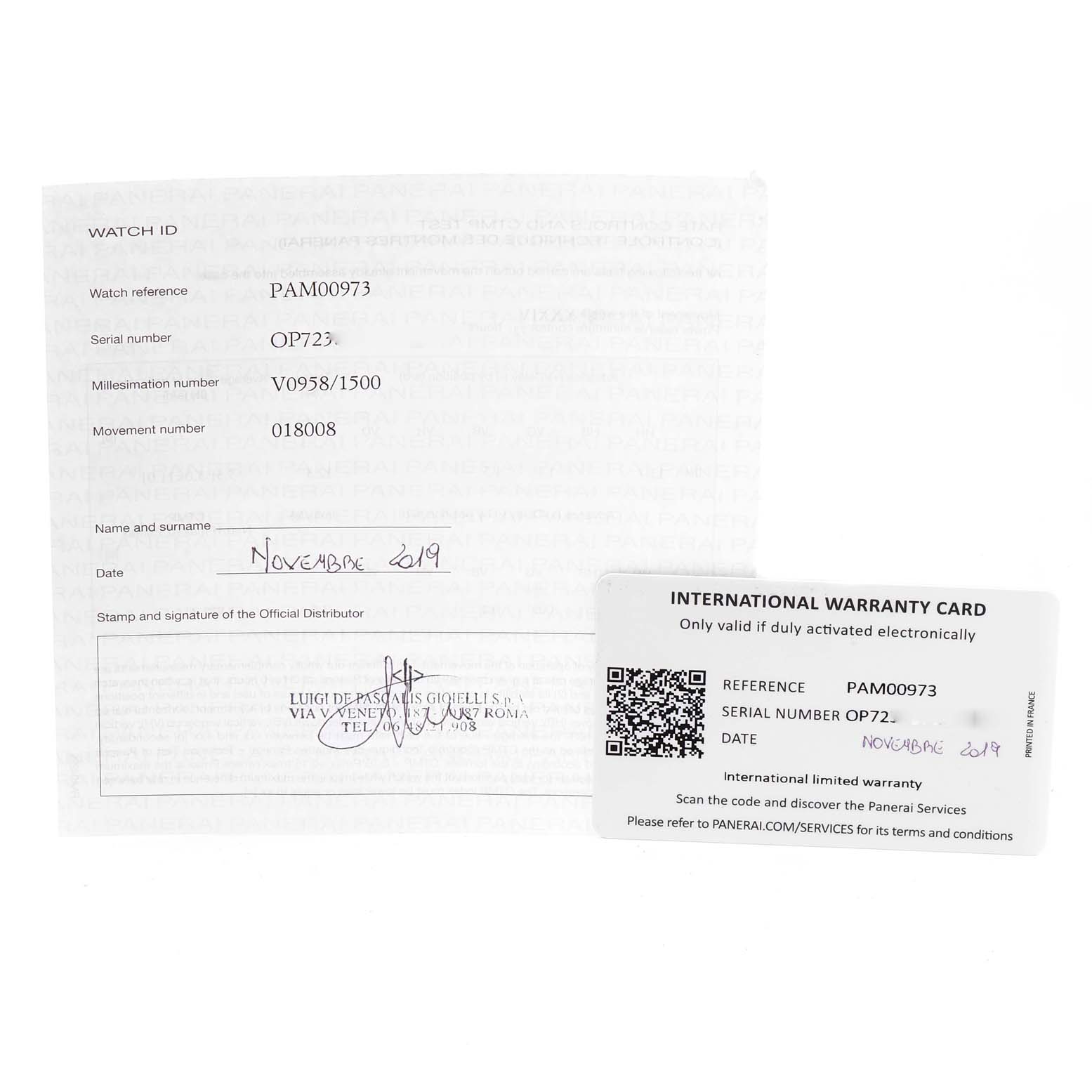 The image shows the warranty card and watch ID document for a Panerai Submersible PAM00973 Men's Stainless Steel Black Dial PAM00973 Men's Stainless Steel Black Dial model.