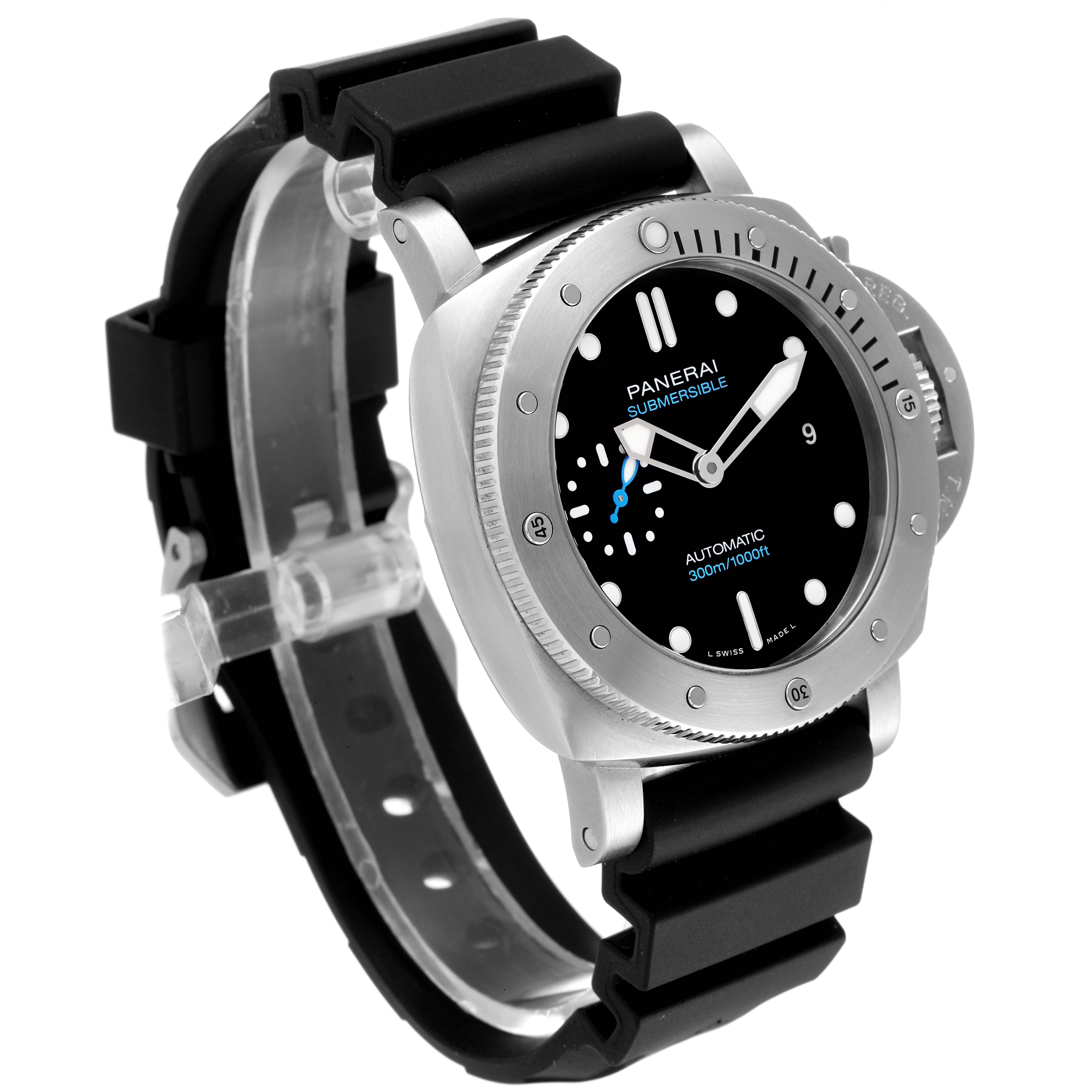The image shows a Panerai Submersible PAM00973 Men's Stainless Steel Black Dial PAM00973 Men's Stainless Steel Black Dial watch at a slight angle, highlighting its face, bezel, crown guard, and rubber strap.