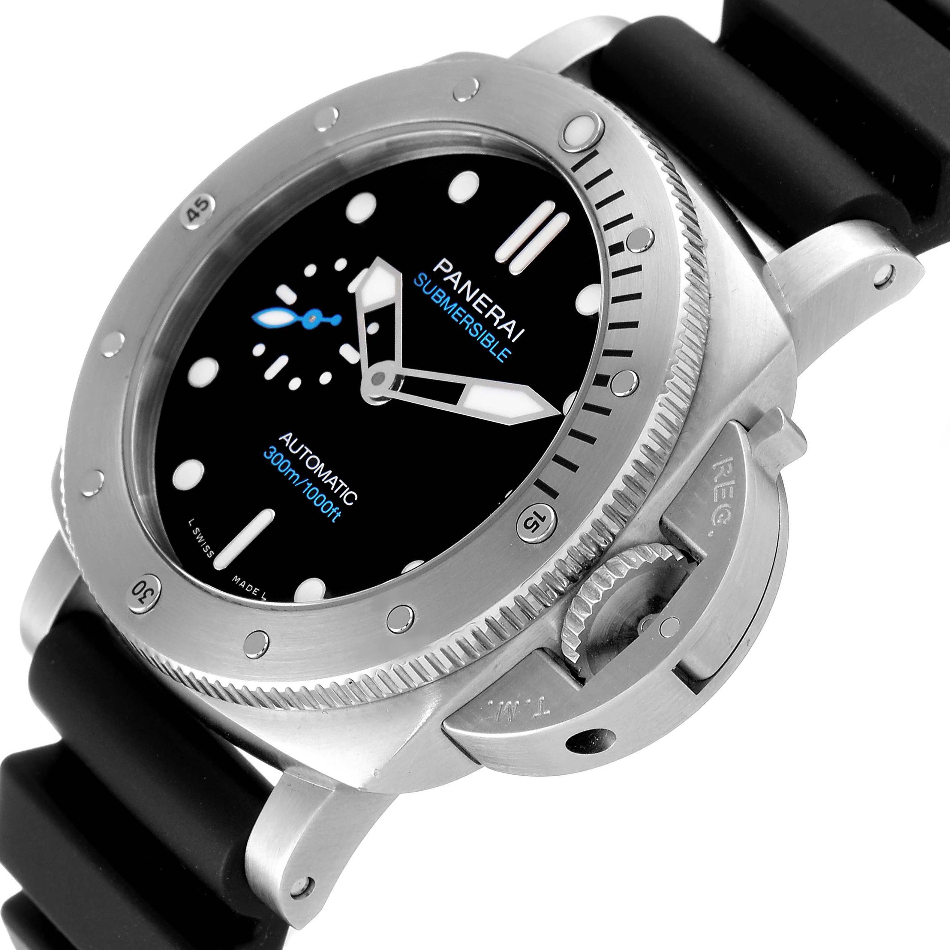 The image shows a close-up view of the Panerai Submersible PAM00973 Men's Stainless Steel Black Dial PAM00973 Men's Stainless Steel Black Dial watch face and crown guard, angled slightly from the top.