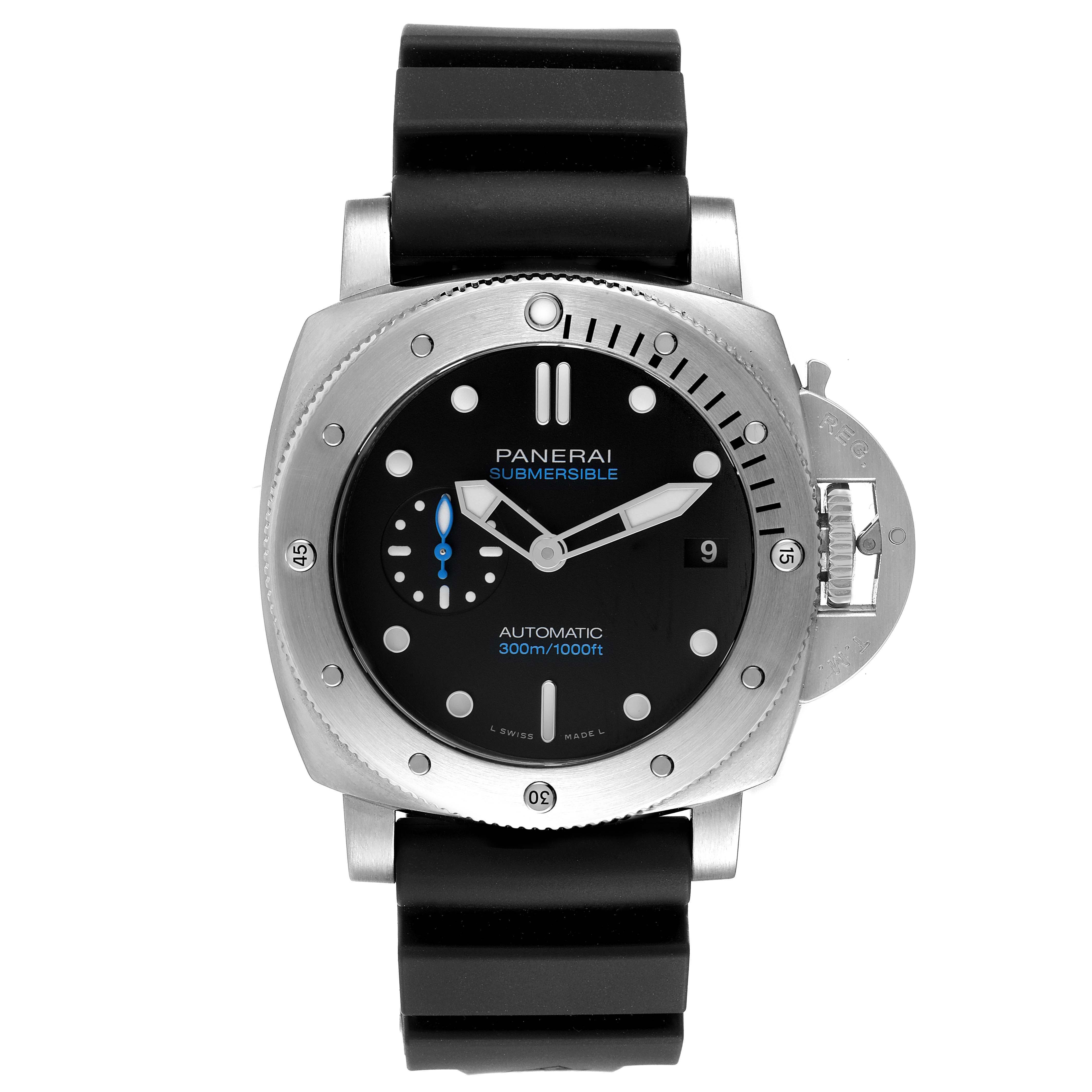 The image shows a frontal view of a Panerai Submersible PAM00973 Men's Stainless Steel Black Dial PAM00973 Men's Stainless Steel Black Dial watch, displaying the dial, bezel, strap, and crown guard.