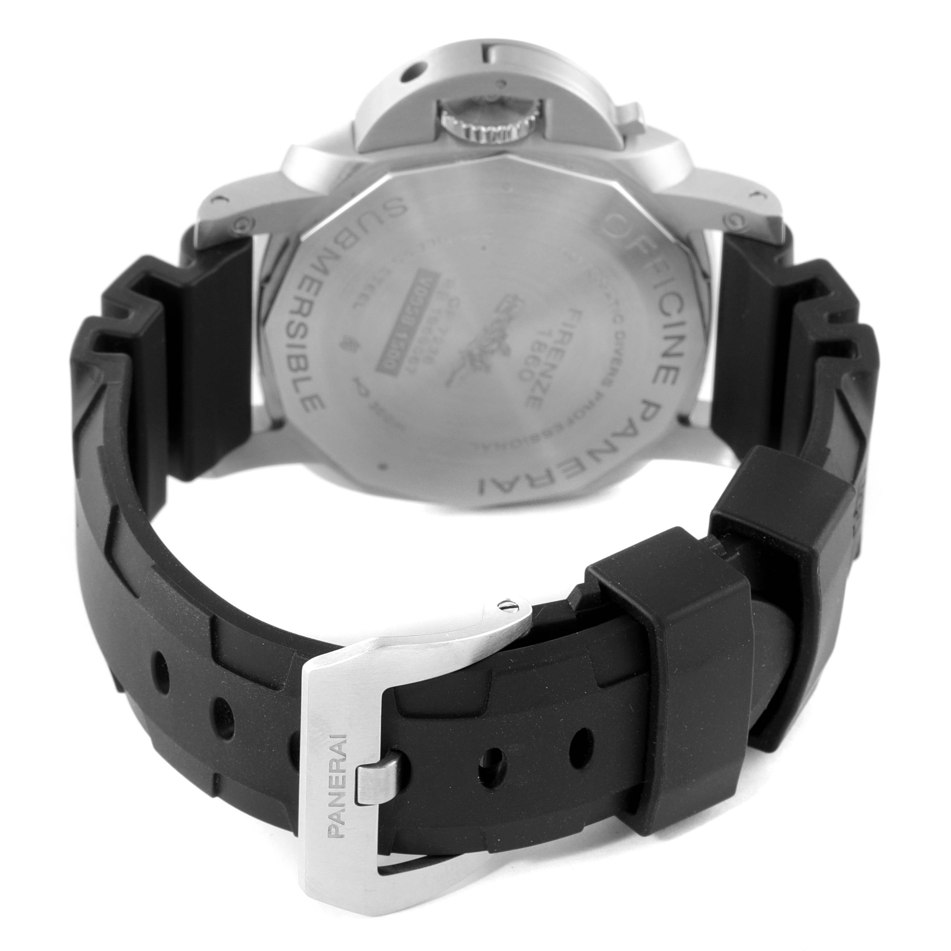 The image shows the back view of a Panerai Submersible PAM00973 Men's Stainless Steel Black Dial PAM00973 Men's Stainless Steel Black Dial watch, highlighting its caseback, strap, and clasp.