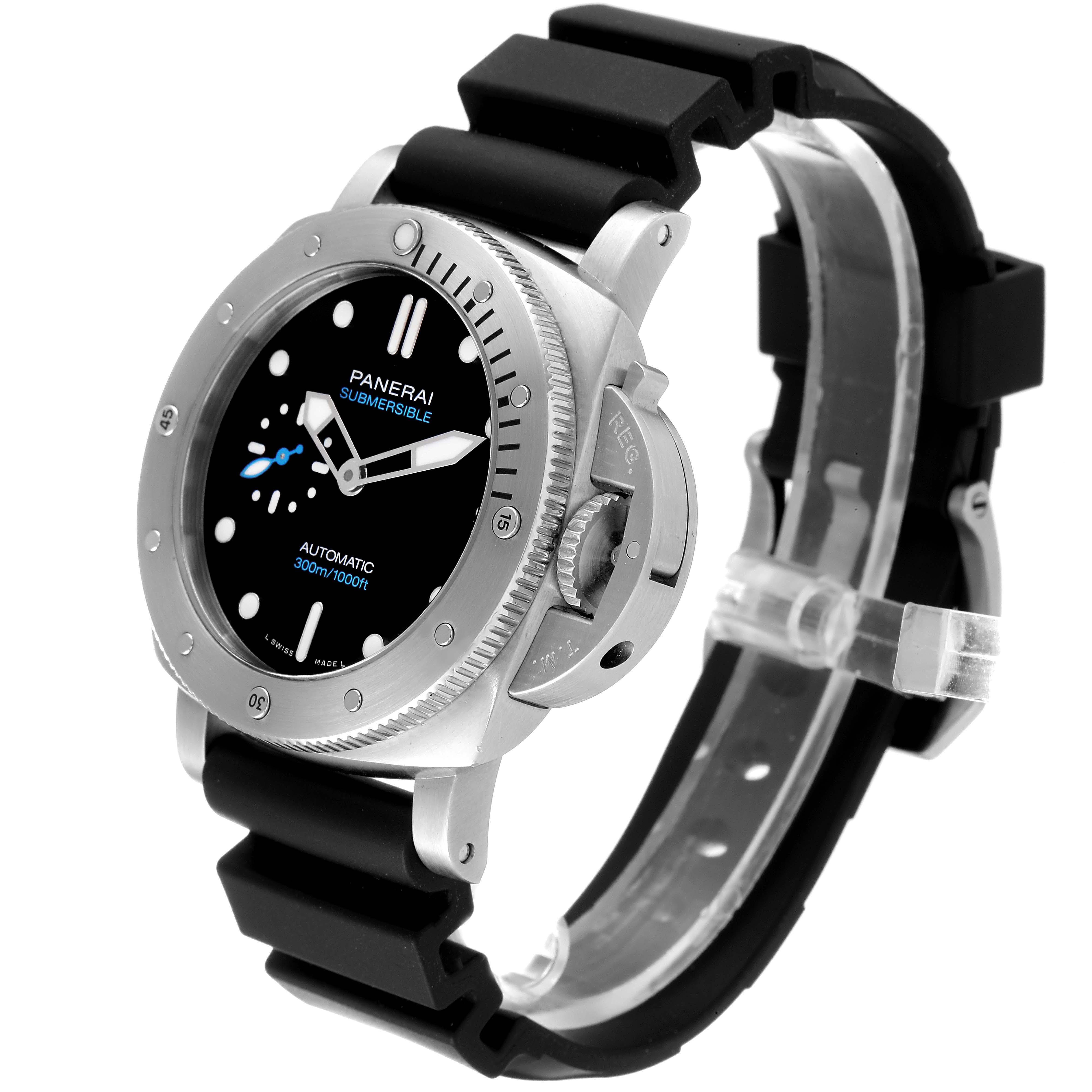 The image shows a Panerai Submersible PAM00973 Men's Stainless Steel Black Dial PAM00973 Men's Stainless Steel Black Dial watch at a three-quarter angle, displaying the face, bezel, and black strap.
