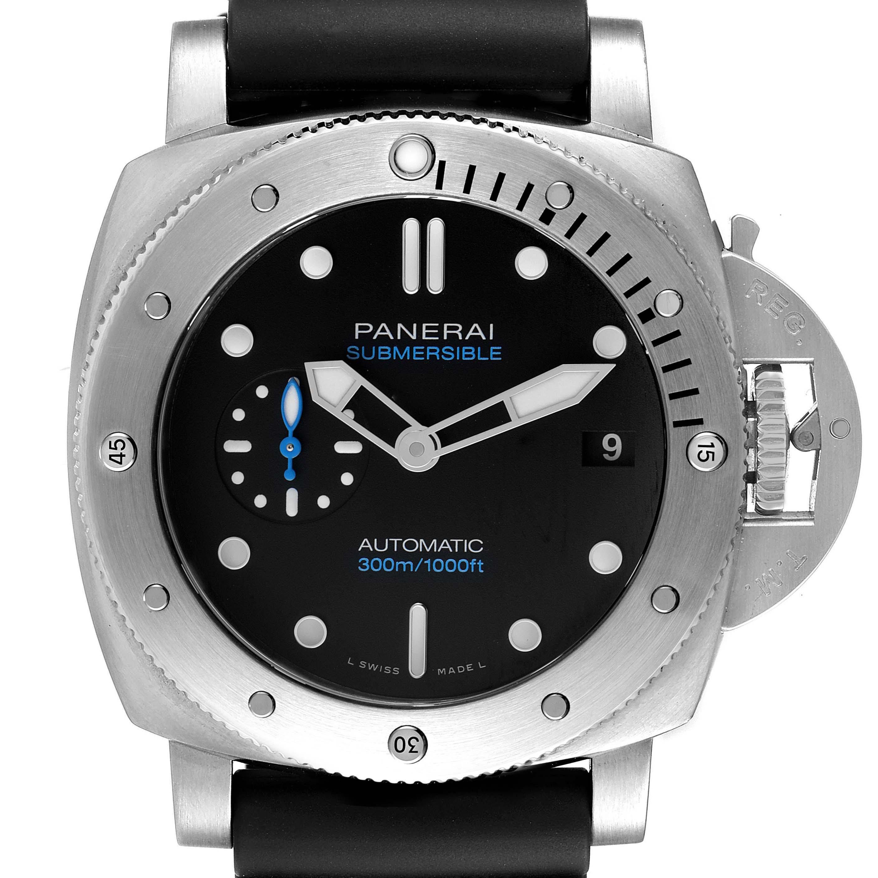 The image shows a front view of a Panerai Submersible PAM00973 Men's Stainless Steel Black Dial PAM00973 Men's Stainless Steel Black Dial watch, highlighting its case, bezel, dial, and rubber strap.