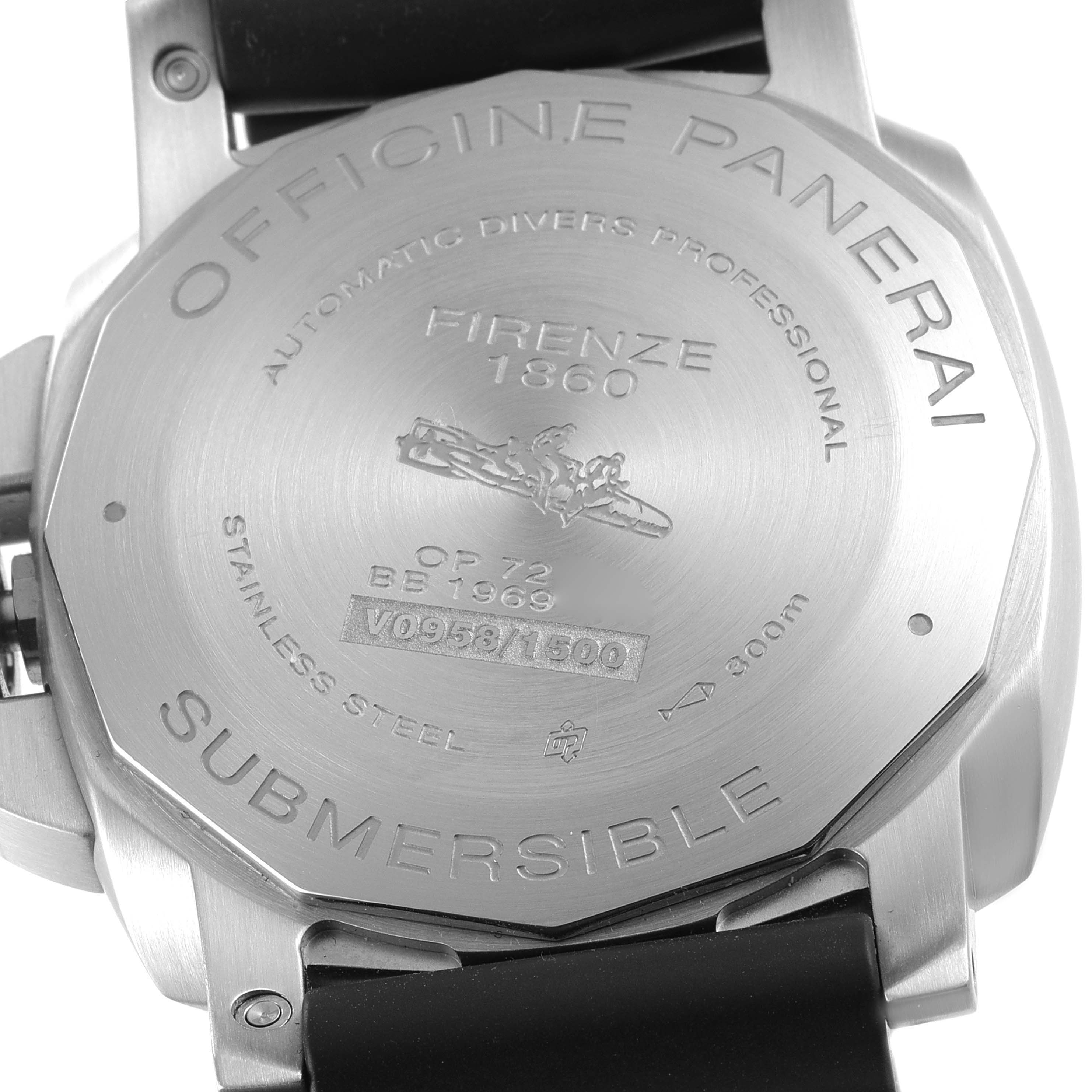 The image shows the back case of a Panerai Submersible PAM00973 Men's Stainless Steel Black Dial PAM00973 Men's Stainless Steel Black Dial watch, highlighting engravings and stainless steel material.